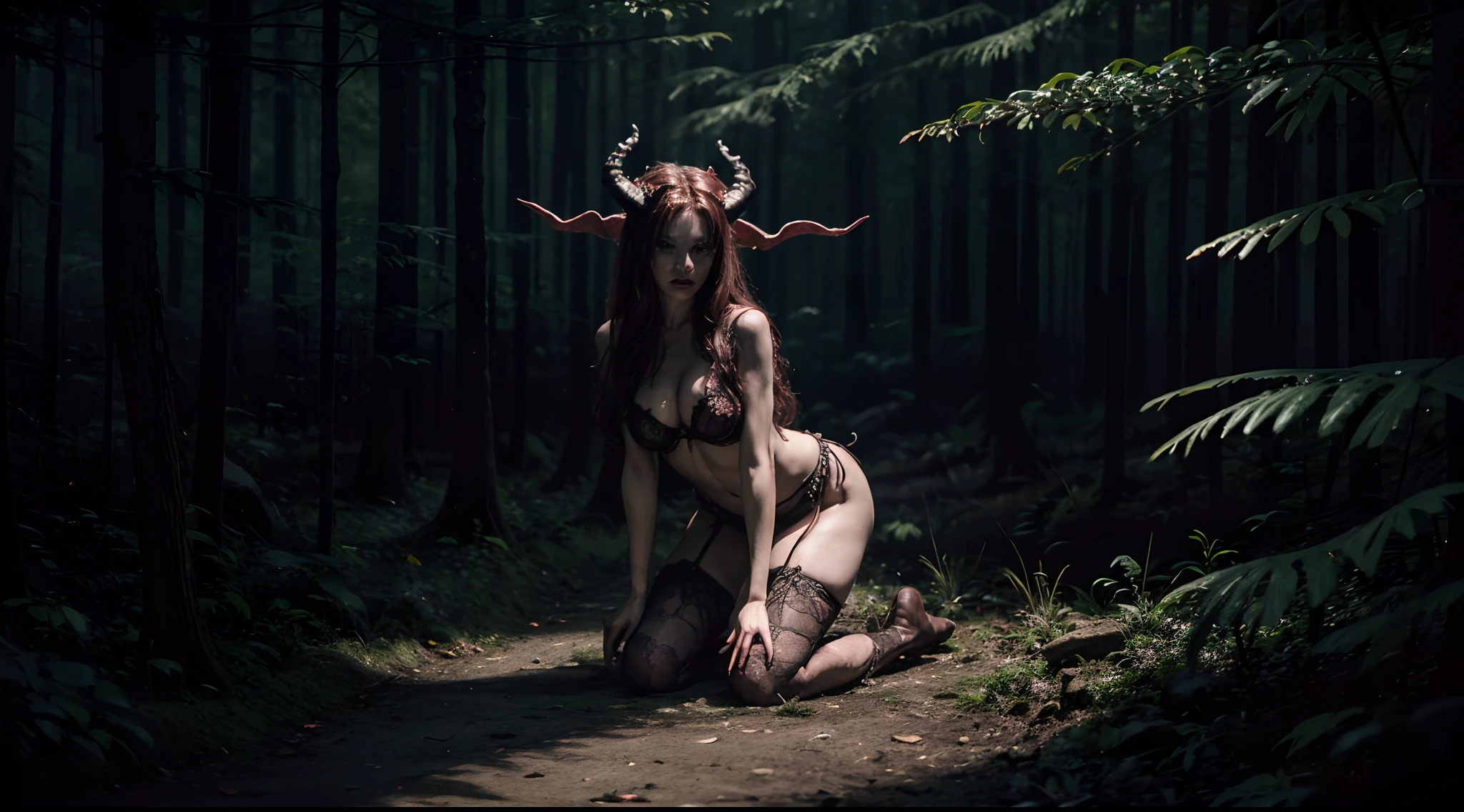 Demon woman with horns dressed in revealing lingerie kneeling in a dark forest at night during a satanic ritual, creepy forest, satanic ritual, pagan ritual, pagan goddess, ultra detailed, photorealistic, masterpiece.