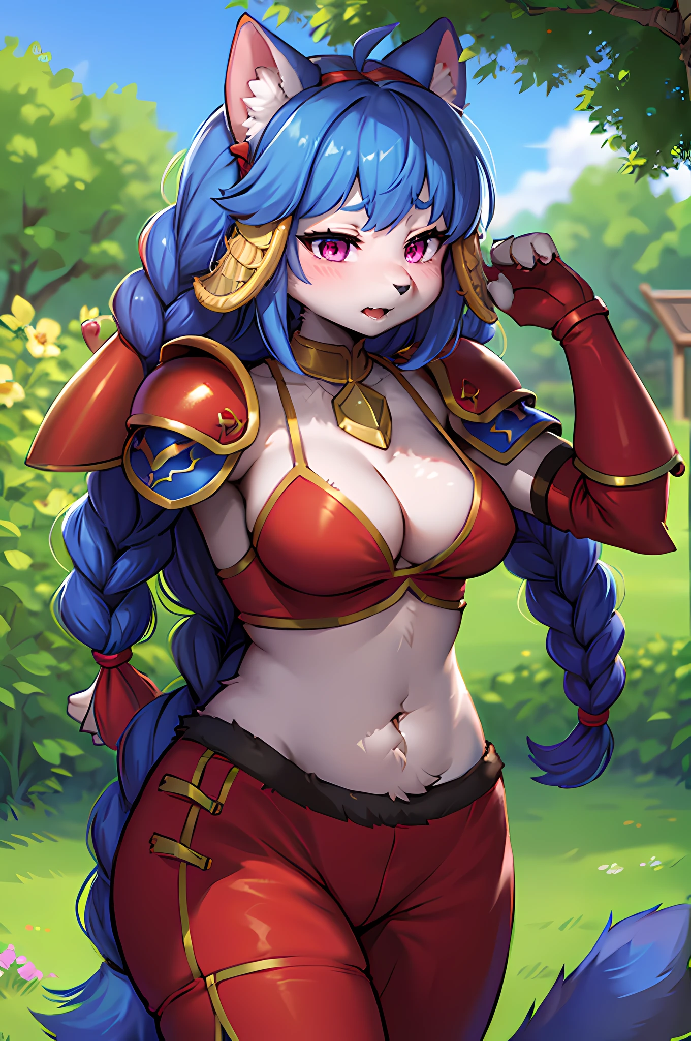 Furry,Dog girl,Lapis Lazuli Fei, 1girll, Solo, view the viewer, Blush, bangs, mitts, Upper body, Braid, shairband, Outdoors, parted lip, sky, day, Hand up, Pink eyes, Armor, tree, covered navel, The background is blurred out, hand on her own chest, Shoulder armor, SideBraid, chest plate, Red armor