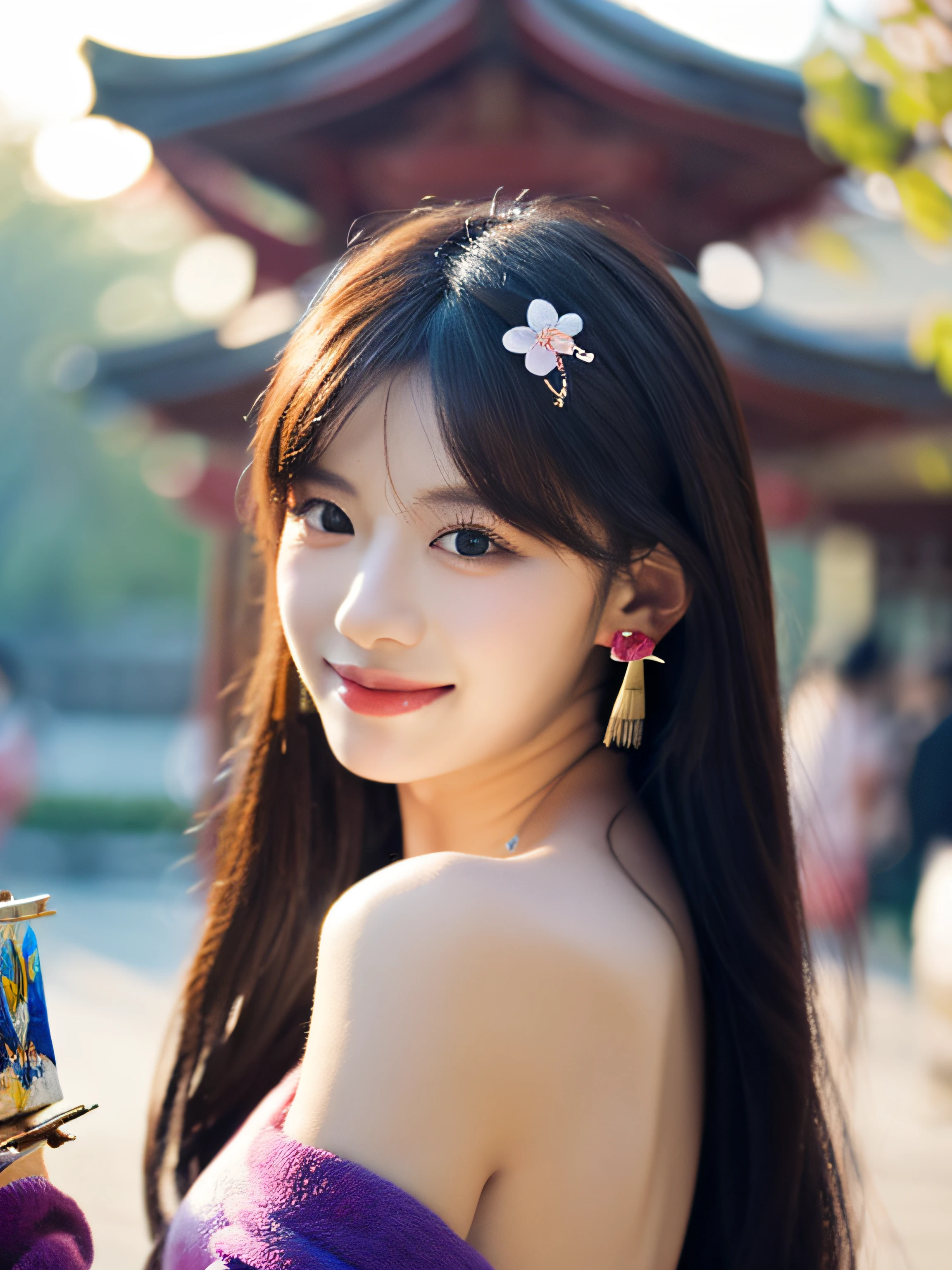 1girl in, (ulzzang-6500:0.7), Kpop Idol, Yae Miko, Detached sleeves, Bare shoulders,Black hair, Long hair, komono, Best Quality, (Painting:1.5), (Hair Ornament:1.35), Jewelry, Purple eyes, earrings, breasts, torii,  cherryblossom,  Lantern light, depth of fields, Detailed face, Face Focus, bow ribbon_trim, (Looking at Viewer:1.25), nontraditional miko, Shiny skin, Long sleeves, Smile, thick lips, Game CG, Hands on lips, East Asian Architecture, (Blurry background:1.2), Sitting, Upper body,