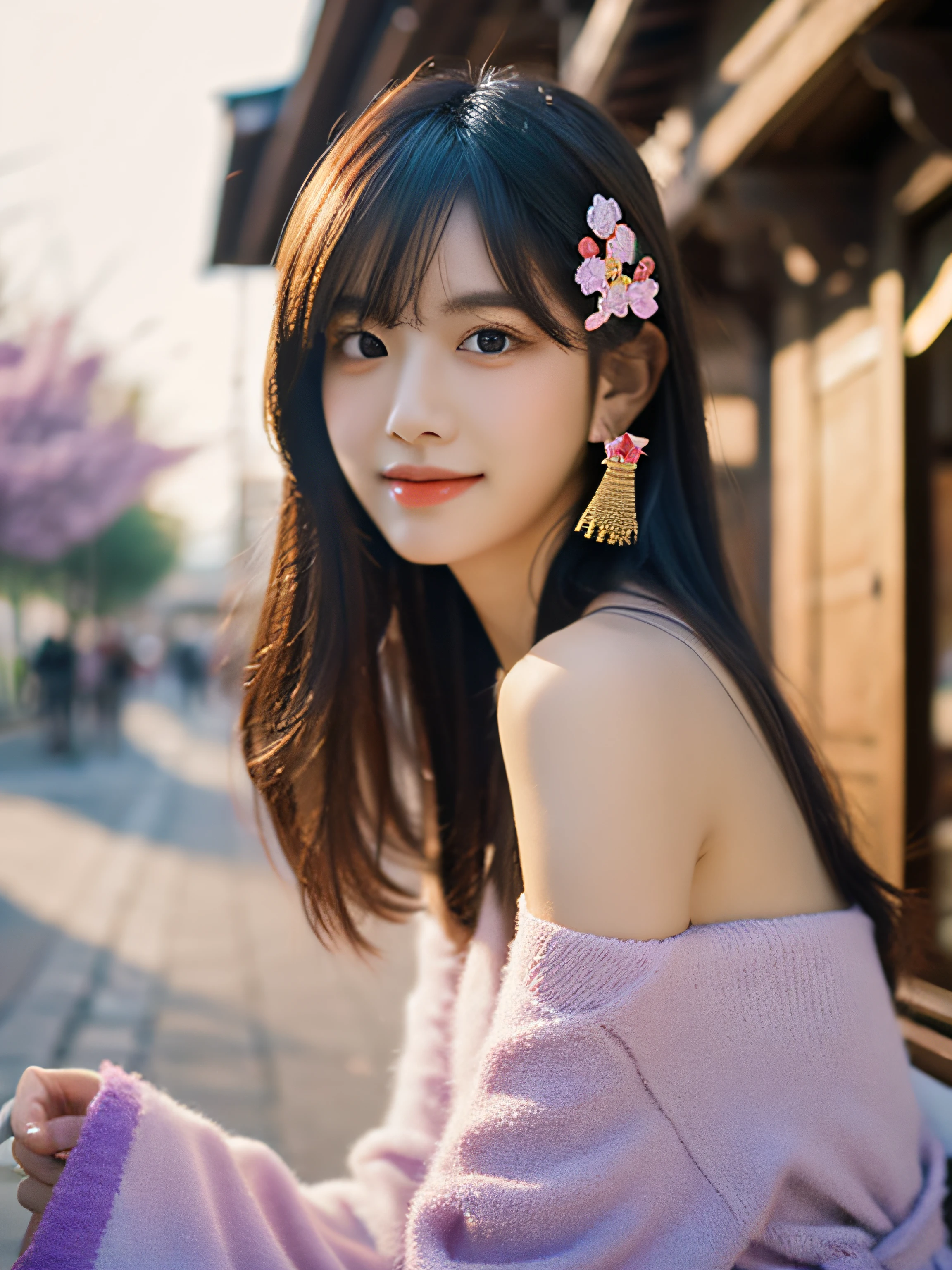 1girl in, (ulzzang-6500:0.7), Kpop Idol, Yae Miko, Detached sleeves, Bare shoulders,Black hair, Long hair, komono, Best Quality, (Painting:1.5), (Hair Ornament:1.35), Jewelry, Purple eyes, earrings, breasts, torii, cherryblossom, Lantern light, depth of fields, Detailed face, Face Focus, bow ribbon_trim, (Looking at Viewer:1.25), nontraditional miko, Shiny skin, Long sleeves, Smile, thick lips, Game CG, Hands on lips, East Asian Architecture, (Blurry background:1.2), Sitting, Upper body,