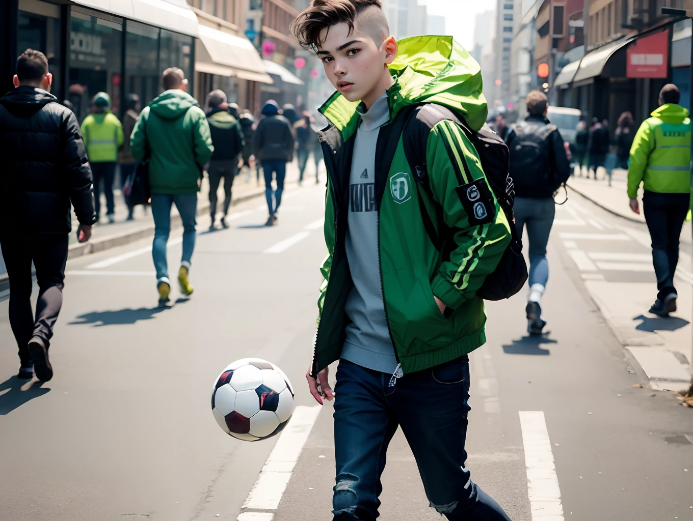 A 14-year-old boy in a green jacket walks through the city with a soccer ball