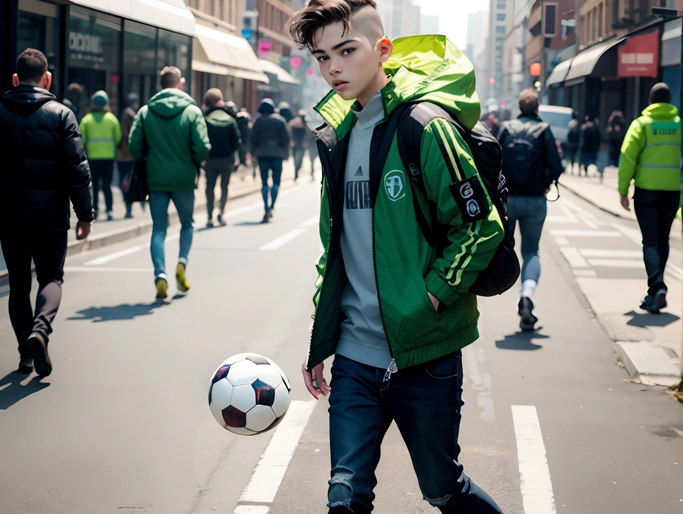 A boy in a green jacket walks through the city with a soccer ball