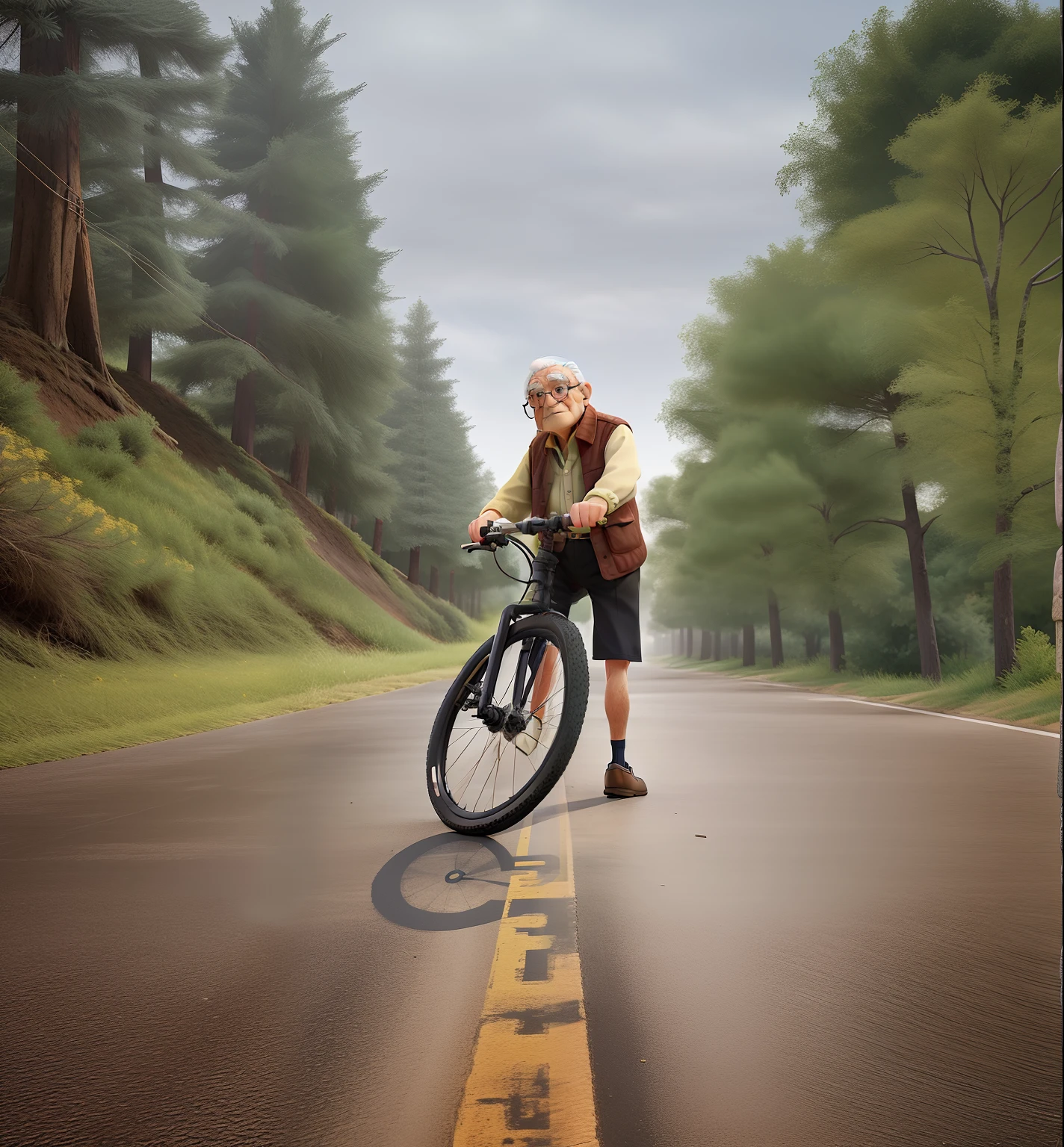 A wise old man standing on his bike