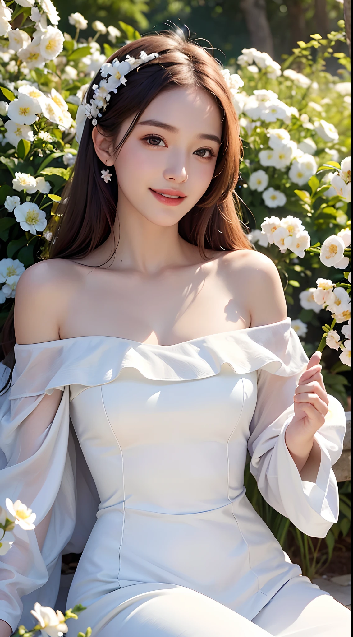 A sweet girl by the moutain,voluminous hair,Delicate face,Photorealsitic,of a real,largeaperture,wears a white dress,A cropped dress,Off-the-shoulder,A dress around the neck,Slim,smiles,Ultra-high resolution, Blurred background