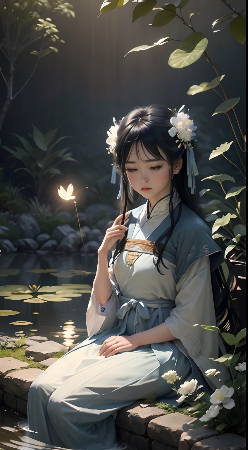 (Fidelity: 1.4), Best Quality, Masterpiece, Ultra High Resolution, Poster, 4K, Fantasy Art, Dynamic Lighting, Art Station, Poster, Volume Lighting, Very Detailed Face, 4k Wallpaper, Award-Awarded, Chinese Style, A Woman, Side Face, Quiet, Sad, Blue Hanfu, Tulle Coat, Long Black Hair, Light Blue Fringed Hair Ornament, Hairpin, White Ribbon, White Flower Bush, Light Blue Butterfly Flying, Ancient Chinese Garden, Sitting by the Pond, Hazy Mist, Lots of Bamboo in the background, Small Bamboo, Little Bird Flying, dramatic composition, cinematic lighting effects,