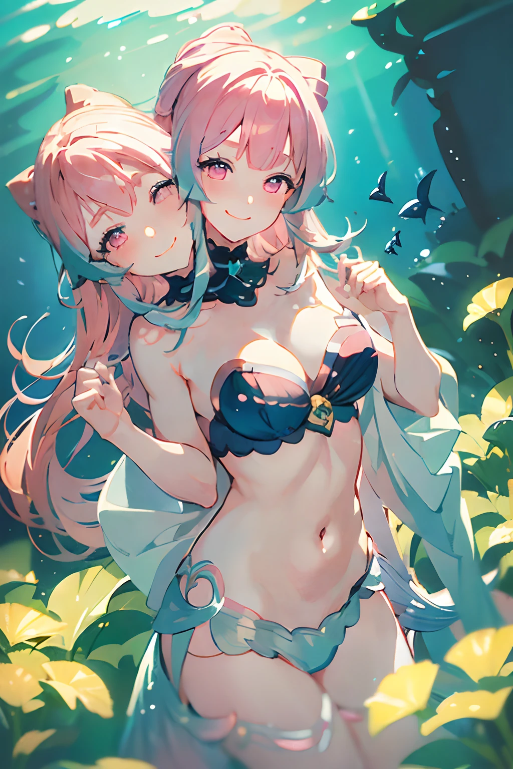 (masterpiece, best quality), best resolution, (2heads:1.5), 2girls, kokomi character, pink eyes, smiling, giggling, friendly, inviting, pink and blue hair, mermaid, happy, different facial expressions, winking, mouth open, smiling, underwater, fish swimming around