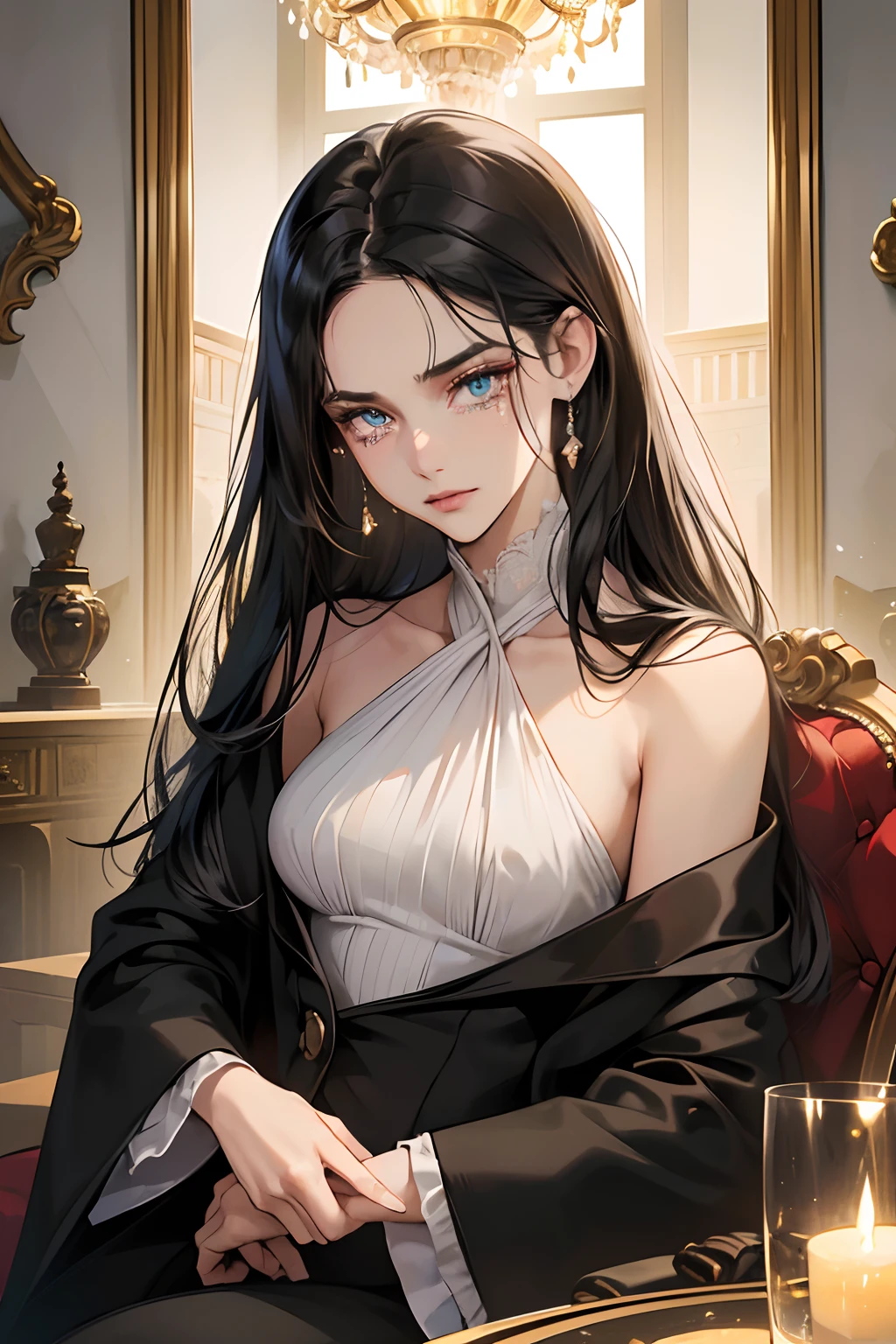 (masutepiece, Digital Art, Digital Illustration, 4K, 8K, Ultra-detailed, beautiful image, Sharp Image, Photorealistic, Raw photo, Perfect face, Perfect lines, Perfect eyes, Soft lighting) 1 woman, (Long Black Hair,straight haired,Bullish gaze,Beautie,ellegance,mannish,Wearing a suit,Solid makeup,23 y-o woman,small tits:1.3),Two handsome men in suits, (ember,Men in suits,well-muscled,Firm shoulder width,Adult male,Boyish hairstyle,English gentlemanly style,Man in his 30s with a cool expression,28-year-old man with bright smile:1.2),Antique furnishings,Antique Clamps,Antique chair,chandeliers,Crystal Glass,fantastical light,Marble fireplace,(First failure,irritation,Crying face,Beautiful crying face,vexation:1.2),At work,