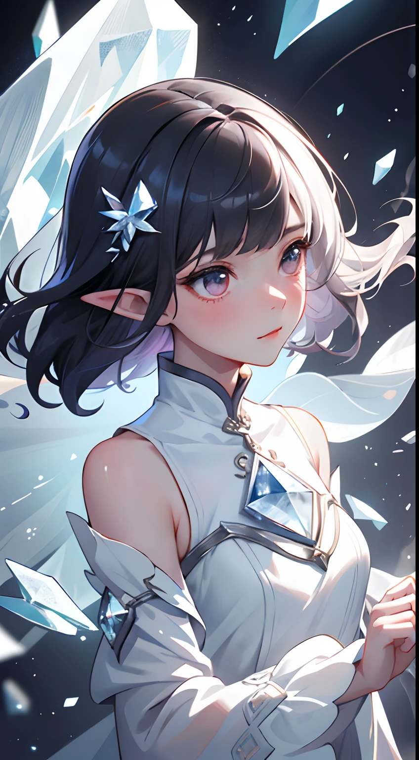 (Masterpiece, Top Quality, Best, Official Art, Beautiful and Aesthetic, Long Exposure: 1.2), Smooth Movement, Charming Patterns, 1 Girl, (Long Dress with Sleeves: 1.3), (((White Clothes) )), upper body close-up, bare shoulders, Chinese girl, blush, black lob hair, portrait, solo, upper body, looking at the observer, detailed background, detailed face, (crystallineAI, crystalline theme:1.1), elemental wind elves, rotation Wind, control the wind, white crystal clothing, dynamic pose, floating particles, ethereal dynamics, whirlwind, vapor, whirlwind in the background, white tone, whirlwind, ethereal atmosphere,