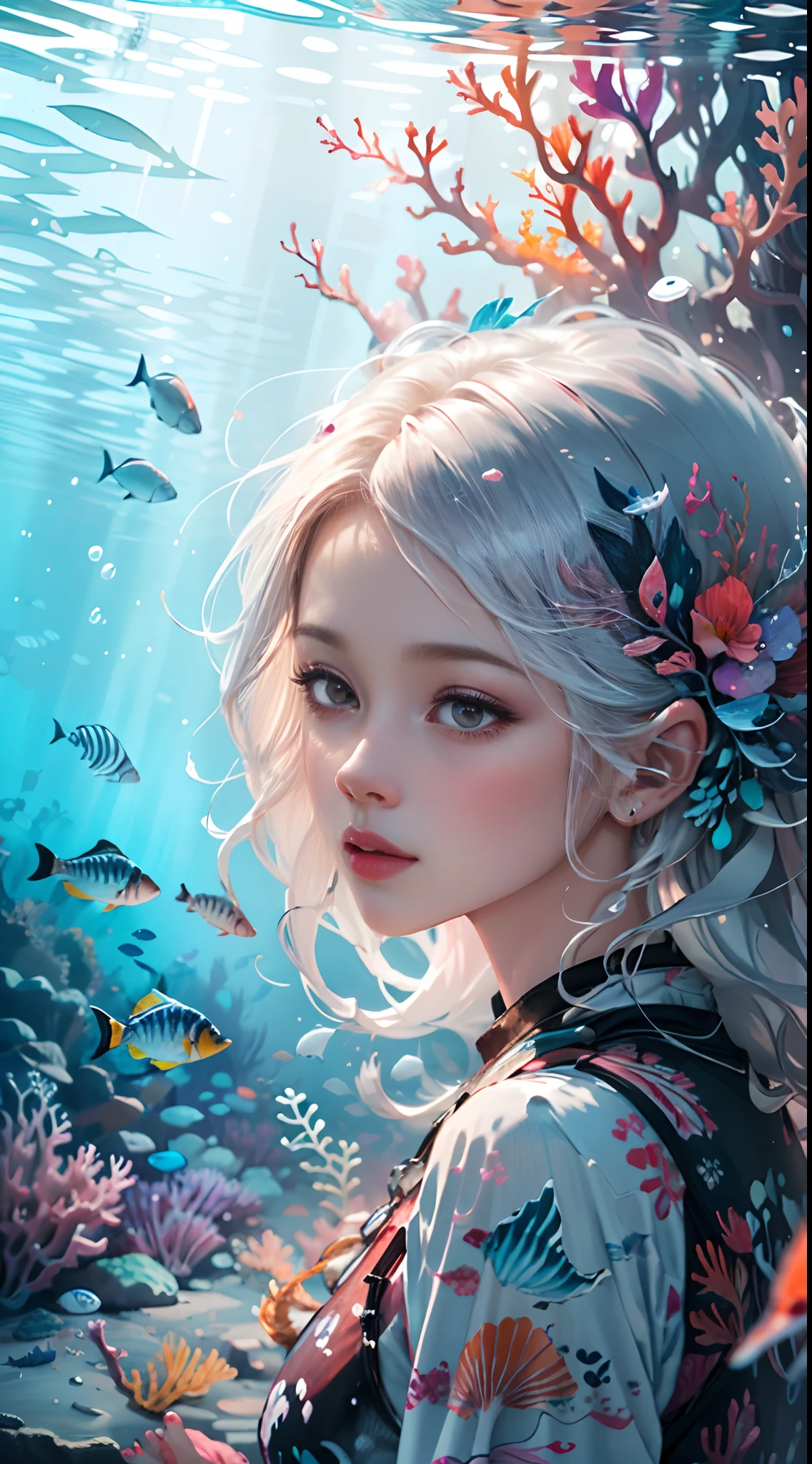 Conceptual art of marine life, Undersea landscape, Marine life，Beautiful coral reefs come in different shapes, 。.3D，, Fish, Female animated fantasy illustration. Long white hair scattered in the sea, Drift, Very harmonious. The whole painting adopts a messy and imaginative painting style. The colors are bright and saturated, line sleek. The mystery and beauty of the ocean, The painting depicts an underwater world full of life and vitality, Animated art wallpaper 8 K