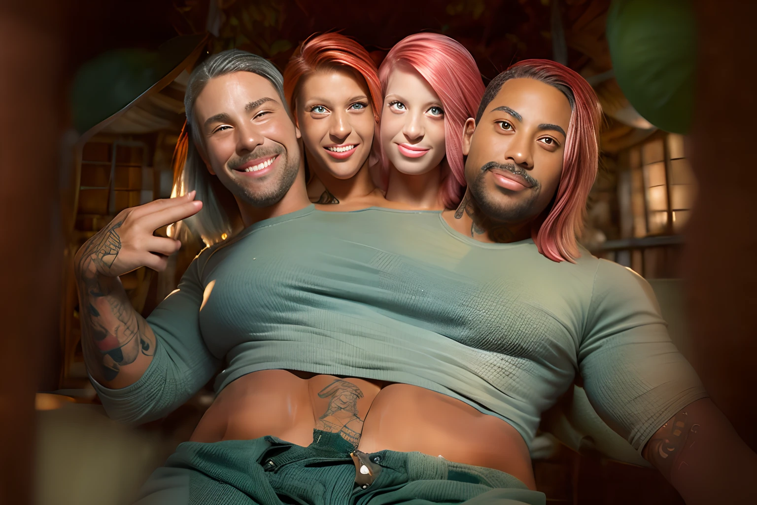 (((((2heads))))),four men, facial hair, feminine face, side by side,40 years,old,tattooed,adult,masterpiece, best quality , very pearly white skin, tan skin, long blue hair, short red hair, long pink hair, shirt green hair,torn burlap top, tight burlap micro shorts, torn clothes, bare shoulders, cleavage, full body, no body hair, ((big bulge)), no facial hair, primitive village, forest, looking at viewer, smile,wide torso, thick thighs, big hips,(((big bulge:1.4))),full body, running pose