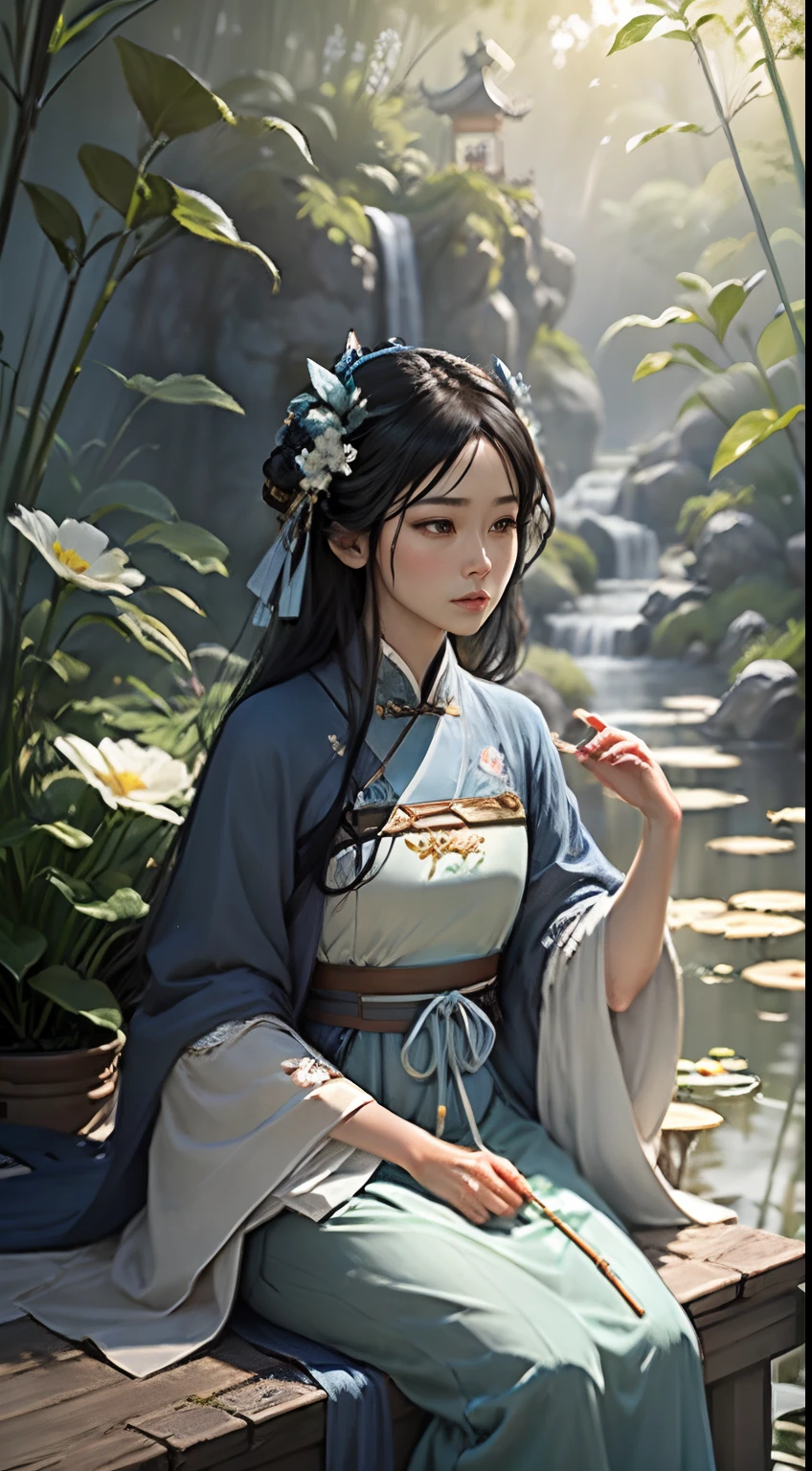 (Fidelity: 1.4), Best Quality, Masterpiece, Ultra High Resolution, Poster, 4K, Fantasy Art, Dynamic Lighting, Art Station, Poster, Volume Lighting, Very Detailed Face, 4k Wallpaper, Award-Awarded, Chinese Style, A Woman, Side Face, Quiet, Sad, Blue Hanfu, Tulle Coat, Long Black Hair, Light Blue Fringed Hair Ornament, Hairpin, White Ribbon, White Flower Bush, Light Blue Butterfly Flying, Ancient Chinese Garden, Sitting by the Pond, Hazy Mist, Lots of Bamboo in the background, Small Bamboo, Little Bird Flying, dramatic composition, cinematic lighting effects,