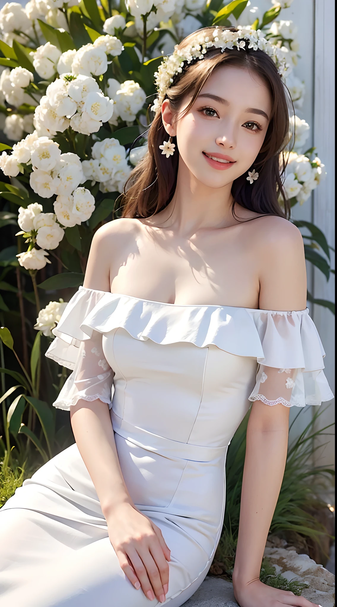(A hyper-realistic), (hight resolution), (8K), (ighly detailed),  (beatiful detailed eyes), (top-quality), (ultra-detailliert), (​masterpiece), (A detailed face), softfocus、face of emma watson、Colossal tits、japanes、zoo、Pomeranian、Petting a cute dog、White dress、Hats、A smile
