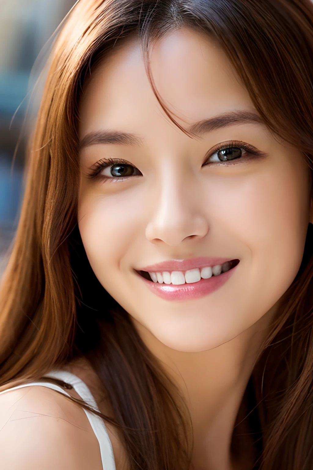 facial expression of smile、White camisole、Mirai_Aizawa、Golden hair、glamorous、huge tit、dual、Eyes are patchy、The nose is clear、Sexy