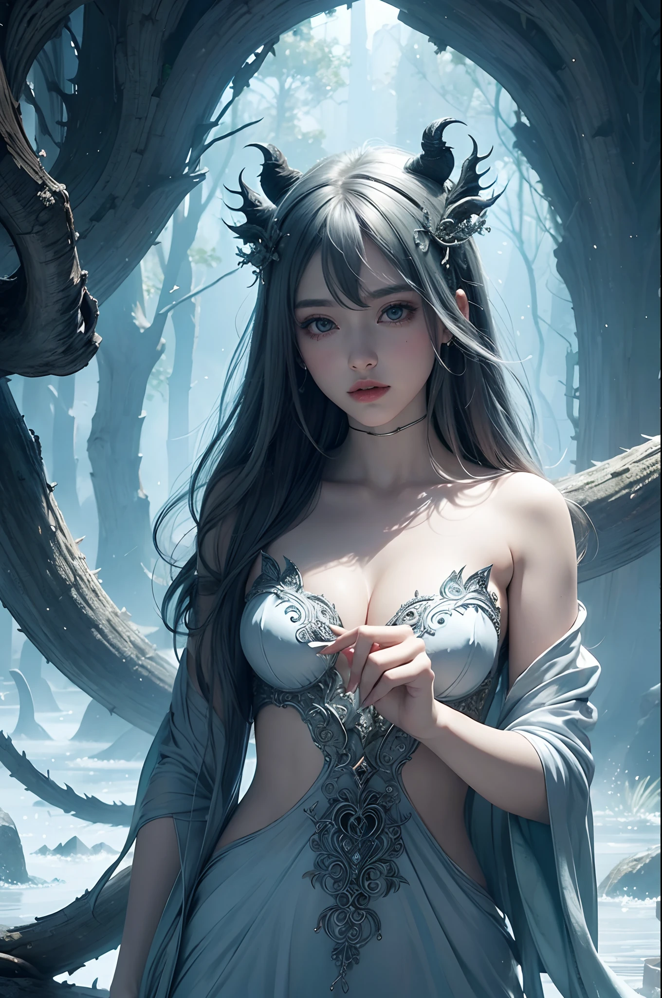 (monster girl), delicate, beautiful, elemental, ethereal, pure, mystical, wild, intricate, surreal