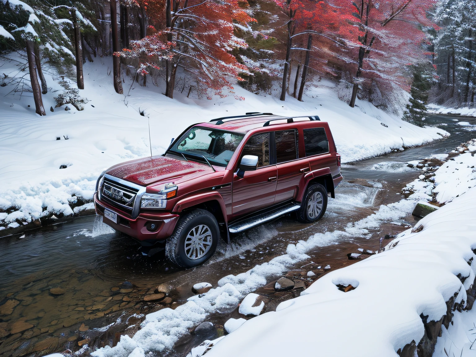 超A high resolution、An ultra-high picture quality、8K、Detailed details、marvelous expression、Midwinter Valley、One car parked on the road along a mountain stream、((Land Cruiser Prado in red))The falling snow is beautiful.、It is so cold that even the mountain stream freezes、