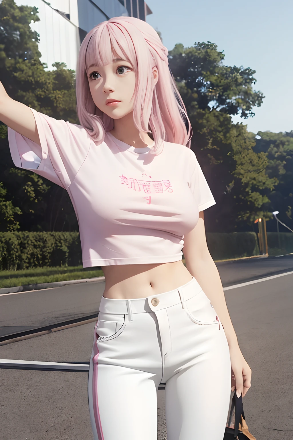 realisticlying、*** 1 人、Pink hair、length hair、Small black ribbon、radiant eyes、(Colossal tits), White T-shirt, croptop, leather pant、Shoot head-on, Open your crotch wide, Hands on the buttocks