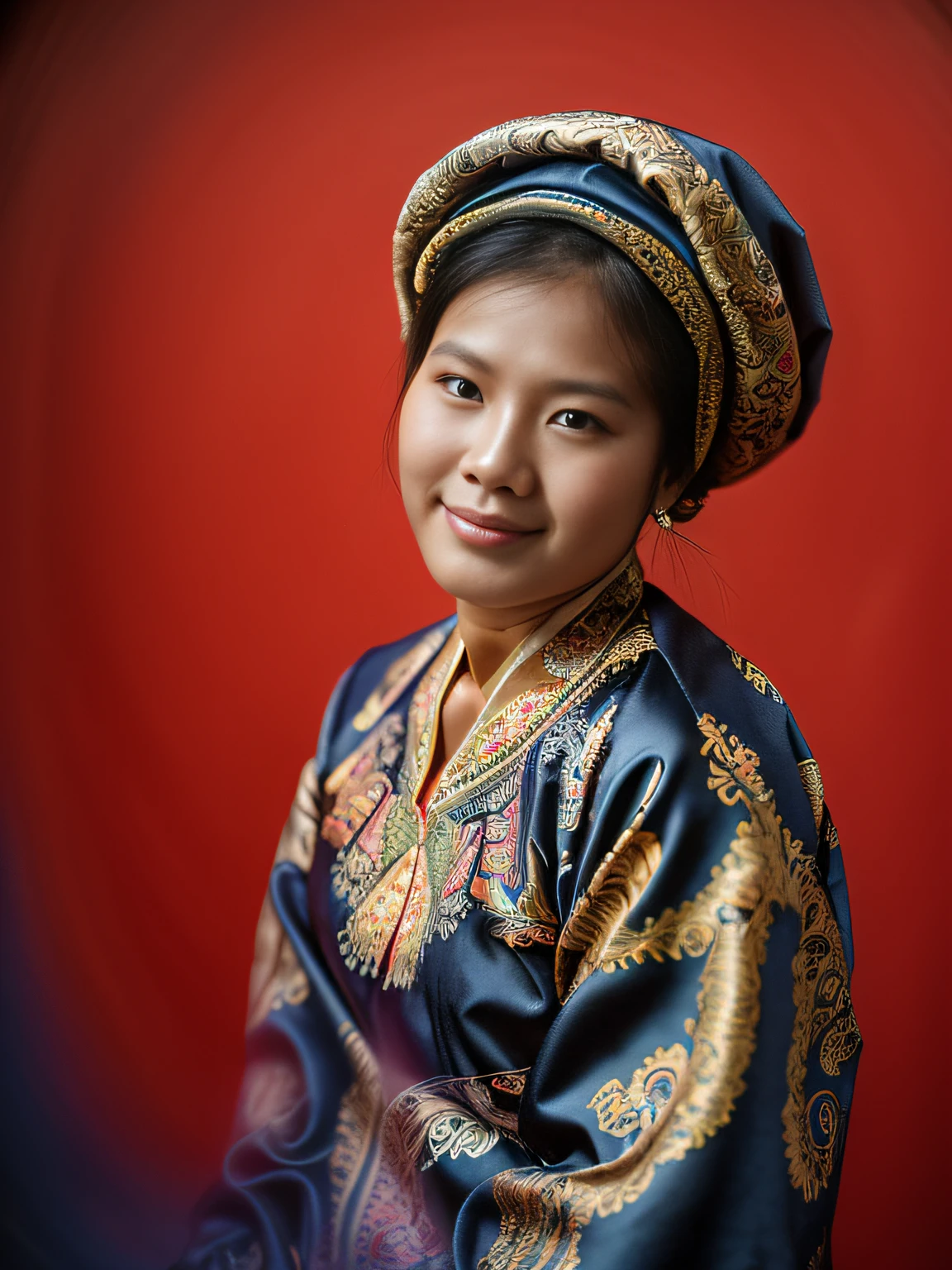 Highly realistic photo, Portrait photo of a 30-year-old Vietnamese woman, (Vietnamese Hmong national costume, brocade head scarf),(high bun hair),((dark blue background)), photo taken in 1975 by kodak.