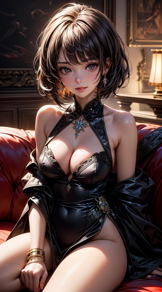 (((8k wallpaper of extremely detailed CG unit, ​masterpiece, 超A high resolution:1.2, top-quality:1.2, masutepiece, textures and maximum detail))), ((extremely beautiful lady, seductively smiling, Face to face, sitting in the couch, Black bob cut hair, sexy dress)), ((The best lighting, extremely detailed beautiful face, Highly detailed black eyes, Very beautiful body, Top quality real texture skins)), (Exposed cleavage, Exposed legs and shoulders), stain glass:1.3, hyper realisitic, digitial painting,