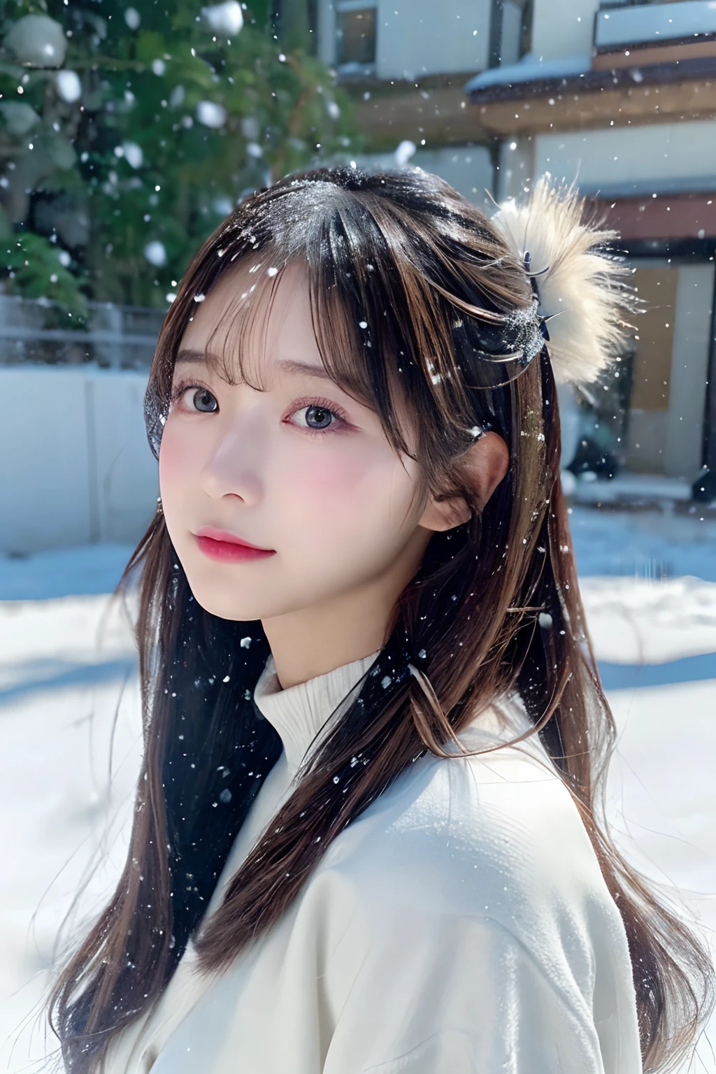 (komono)、(top-quality,tmasterpiece:1.3,超A high resolution,),(ultra - detailed,Caustics),(Photorealsitic:1.4,RAW shooting,)Ultra-realistic capture,A highly detailed,HD 16K for human skin、 Natural skin texture、、The skin looks healthy,The color tone is even、 Use natural light and color,A woman who is,jpn,,kawaii,brunette color hair,mid hair,(depth of fields、color difference、、Wide range of lighting、naturalshadow、)、(Falling snow:1.2)、(Hair swaying in the wind:1.2)、(Reflects the light of the snow:1.2)