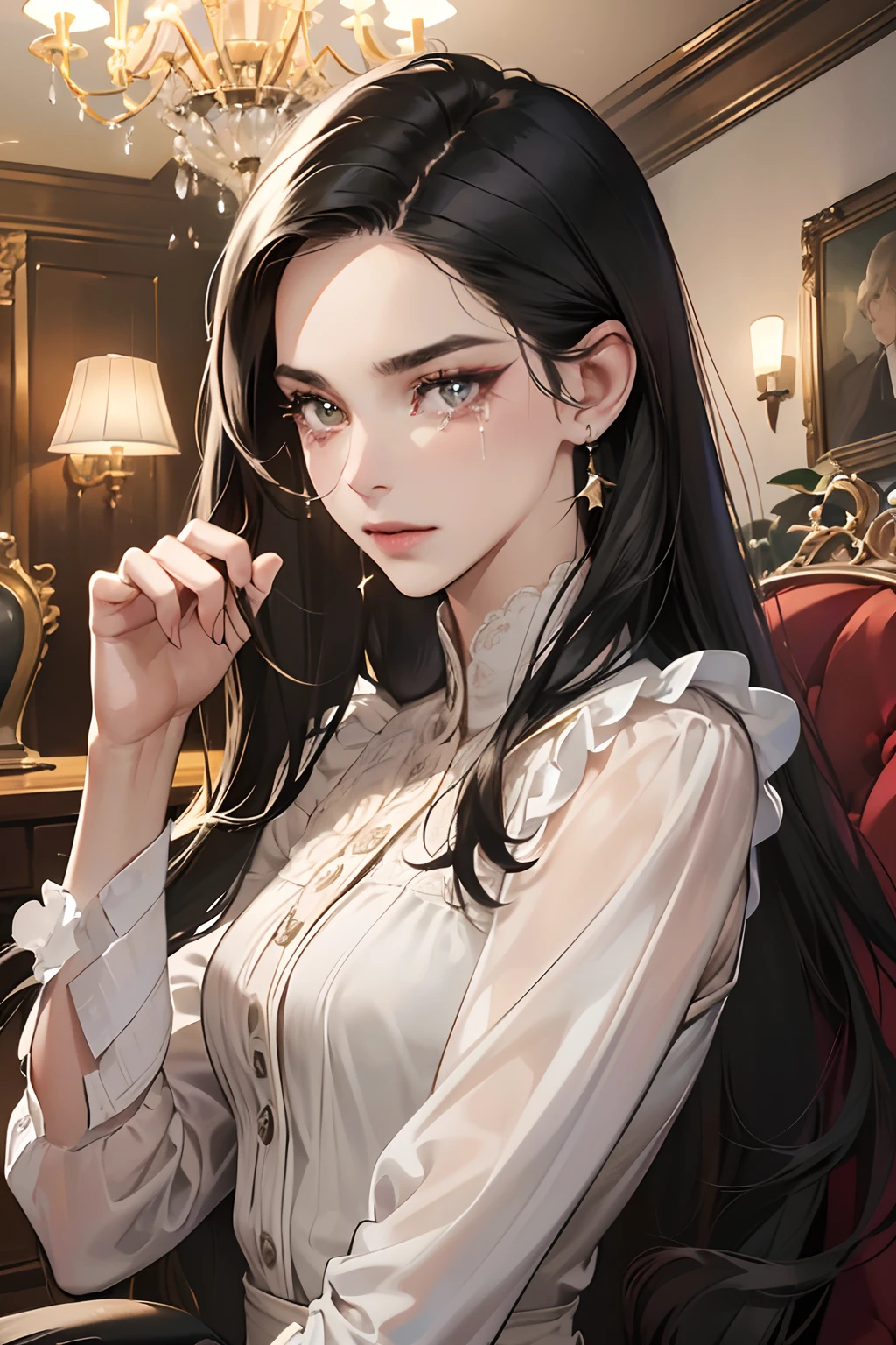 (masutepiece, Digital Art, Digital Illustration, 4K, 8K, Ultra-detailed, beautiful image, Sharp Image, Photorealistic, Raw photo, Perfect face, Perfect lines, Perfect eyes, Soft lighting) 1 woman, (Long Black Hair,straight haired,Bullish gaze,Beautie,ellegance,mannish,Wearing a suit,Solid makeup,23 y-o woman,small tits:1.3),Two handsome men in suits, (ember,Men in suits,well-muscled,Firm shoulder width,Adult male,Boyish hairstyle,English gentlemanly style,Man in his 30s with a cool expression,28-year-old man with bright smile:1.2),Antique furnishings,Antique Clamps,Antique chair,chandeliers,Crystal Glass,fantastical light,Marble fireplace,(First failure,irritation,Crying face,Beautiful crying face,vexation:1.2),At work,