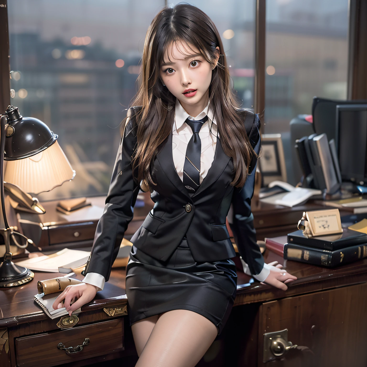 (1girl ,Solo),21 years old,Height 1.7 m,career woman,president secretary,(((Smallest breasts:1.4))),((business suits jacket)),((long pencil skirt with front slit)),(((lying on president desk))),(((black garter belt,black pantyhose))),(((black enamel high heels))),(((raised leg invitation:1.4))),((naughty face:1.4)),(open mouth),(Ultra-Realism:1.39、Highest Quality:1.39、in 8K、Photorealsitic:1.39、Raw photography、超A high resolution:1.35、Top image quality: 1.39、absurderes, ​master piece, Ultra-detailed、Deep Depth Of Field,A hyper-realistic:1.4)、high detailing、Perfect volumetric lighting and best shadows、Realistic and ultra-detailed face、Super beautiful detailed face、Beautiful Japan model, a small face、Slender body、Hazel's Realistic Eyes、(drooing sexy eyes:1.2), Beige Eyeshadow:1.2, Real sexy thick coral lips, real looking skin,(((Smallest breasts:1.4))), Perfect Style,thin waist:1.1、Small butt:1.2、Thin leg:1.1、long legged、Beautiful bronze long hair、Bronze eyebrows, cheeks are blushing:1.35,