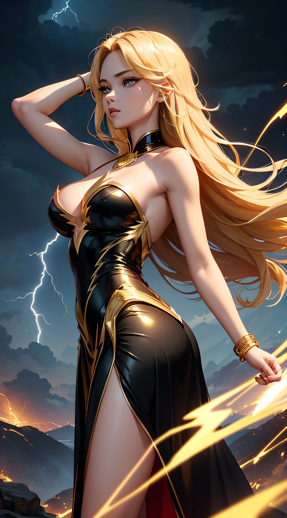 top-quality、Top image quality、masterpiece、girl with((18year old、Best Bust、big bast、Bust 85,beautiful golden eyes、Breasts wide open,Blonde long hair、A slender、Large valleys、Black and gold dress、Goldcloak,Reflecting the whole body、Open your arms、Gold ring on wrist、Shoot lightning from your hands、posterior view、Turn around、emphasis on the buttocks))hiquality、Beautiful Art、Background with((nigh sky、black clouds、lightning bolt、Intense thunder、Thunderbolt、Red thunder、Blue lightning strike、Gold Thunder)))masutepiece、visualart、depth of fields、sky at night