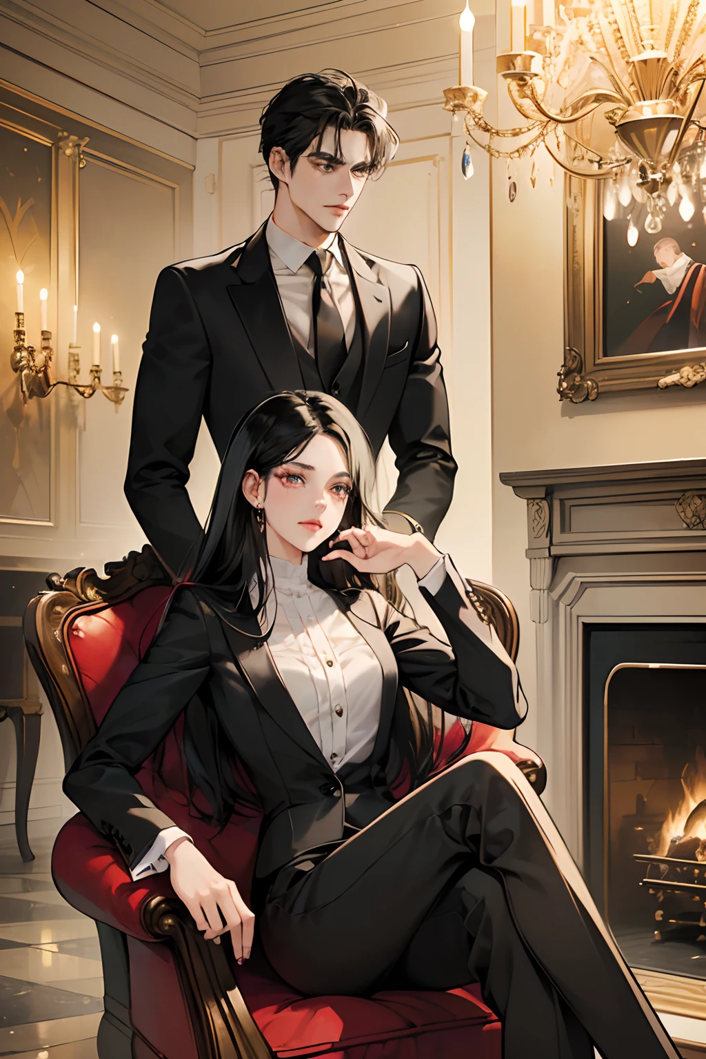 (masutepiece, Digital Art, Digital Illustration, 4K, 8K, Ultra-detailed, beautiful image, Sharp Image, Photorealistic, Raw photo, Perfect face, Perfect lines, Perfect eyes, Soft lighting) 1 woman, (Long Black Hair,straight haired,Bullish gaze,Beautie,ellegance,mannish,Wearing a suit,Solid makeup,23 y-o woman,small tits:1.3),Two handsome men in suits, (ember,Men in suits,well-muscled,Firm shoulder width,Adult male,Boyish hairstyle,English gentlemanly style,Man in his 30s with a cool expression,28-year-old man with bright smile:1.2),Antique furnishings,Antique Clamps,Antique chair,chandeliers,Crystal Glass,fantastical light,Marble fireplace,(First failure,irritation,Crying face,Beautiful crying face,vexation:1.2),At work,