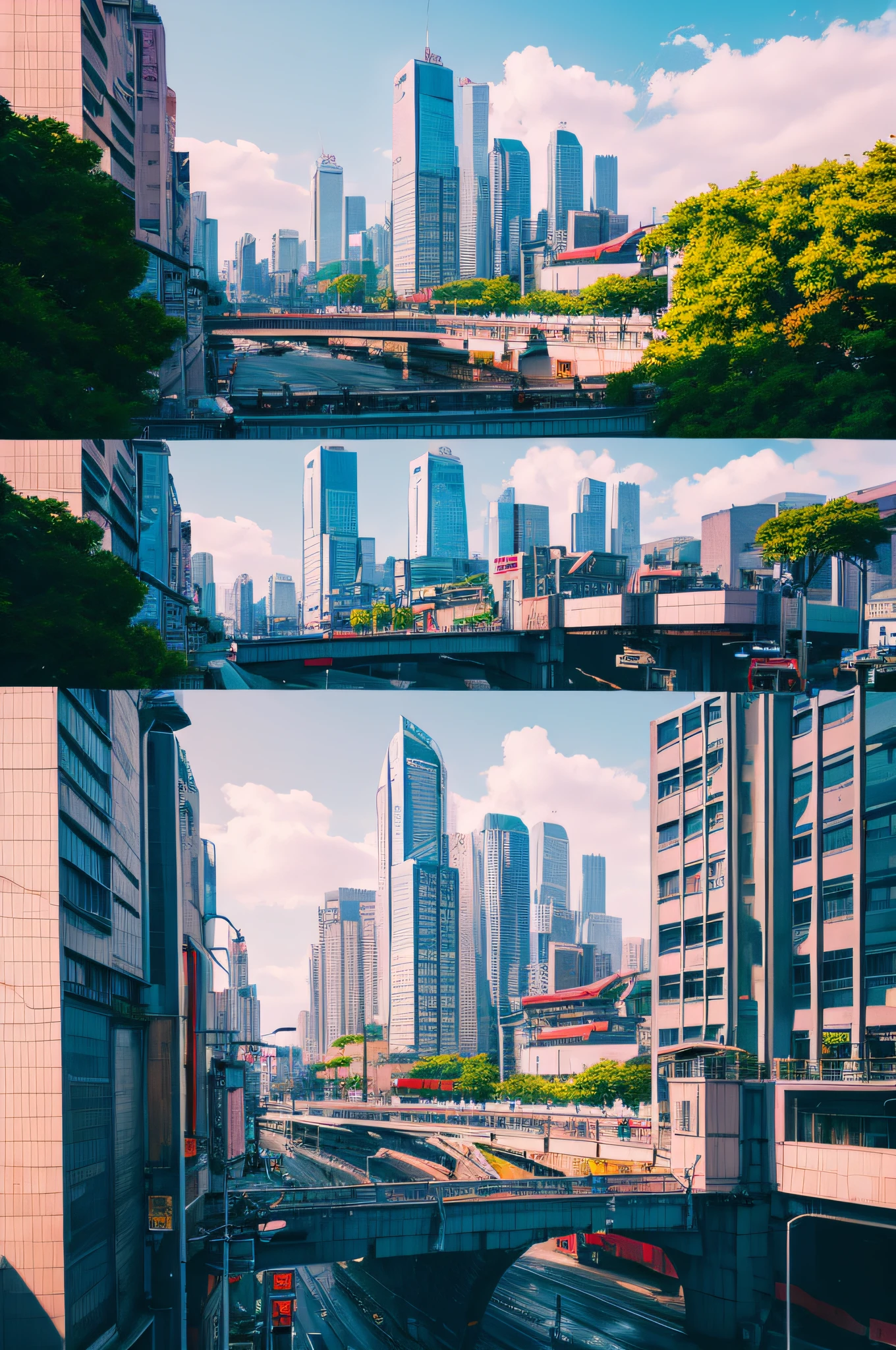 Landscape painting makina mechs with light glowing Colorful Pop Deformed illustratio animesque comic strip futuristic cities