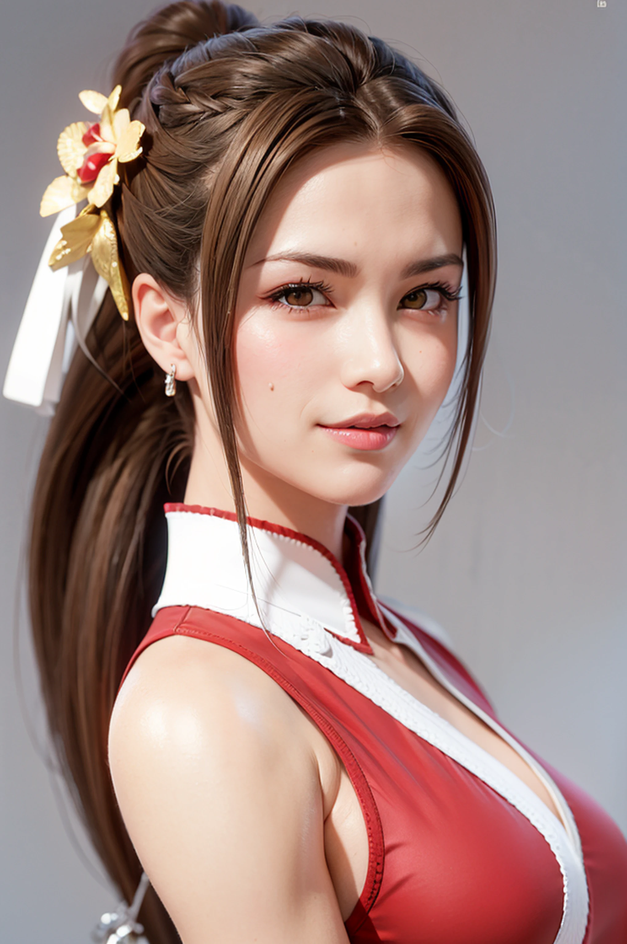 Mai Shiranui, rosto bonito e calmo. Olhos cor de marfim, nariz pequeno, sobrancelhas perfeitamente arqueadas, and  minora. She's got her hair tied up in a braid, e uma pulseira choker prendendo os fios. um brilho especial, como se fosse radiante. Eyelashes are long and beautiful, Long eyelashes, and the eye has a slightly Asian shape. The face is immaculate and wrinkle-free, e parece ser pequeno e atraente. His nose is small and straight, em uma forma perfeita. Your mouth is small, with lips that are a little thick. Her long brown hair is tied up in a braid, com alguns fios soltos em volta da testa. Your face is lit up by the sun, that's downloading, And you've got a seductive twinkle in your eye. Ela tem uma pele clara, mas um brilho muito bonito, And it's shining with the sun. A pele parece ser bem cuidada, e parece macia, como se estivesse sedosa. tem um rosto oval, com as bochechas redondas e ligeiramente vermelhas. Your chin is straight and attractive, And you've got a slight flush on your cheeks. Seu rosto tem um ajuste perfeito, And you've got two nice, well-rounded jaws. Seus olhos se destacam, And his smiley expression is very pleasant.