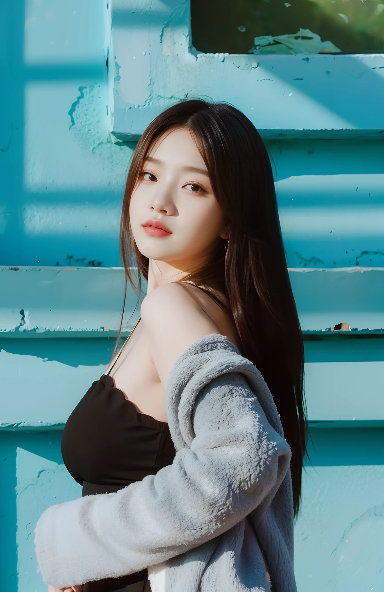 The long-haired woman leaned against the railing,With his eyes closed, bae suzy, On a sunny day, krystal, portrait jisoo blackpink, hot with shining sun, girl wears a red dress, shot at golden hour, Wearing a red cheongsam, Portrait shooting, photoshoot, Album art, ulzzangs, jisoo of blackpink, red velvet, jisoo from blackpink,Open,largeeyes,