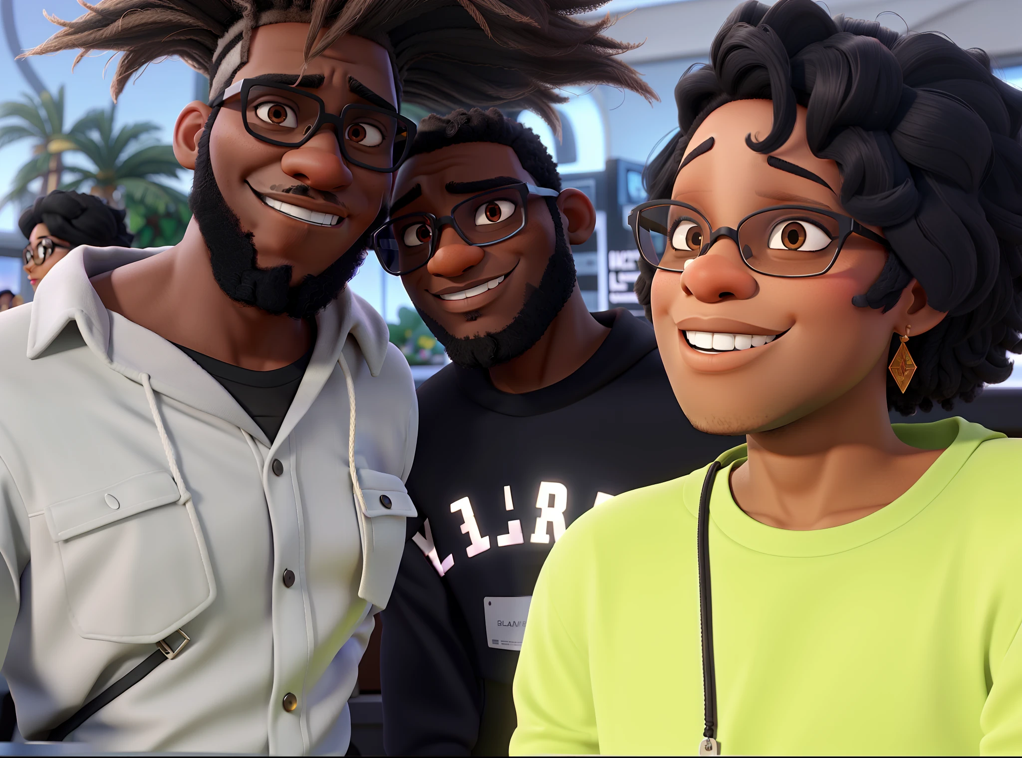 A black man in sunglasses, a black man with glasses and a black woman in a lighted place Disney pixar style
