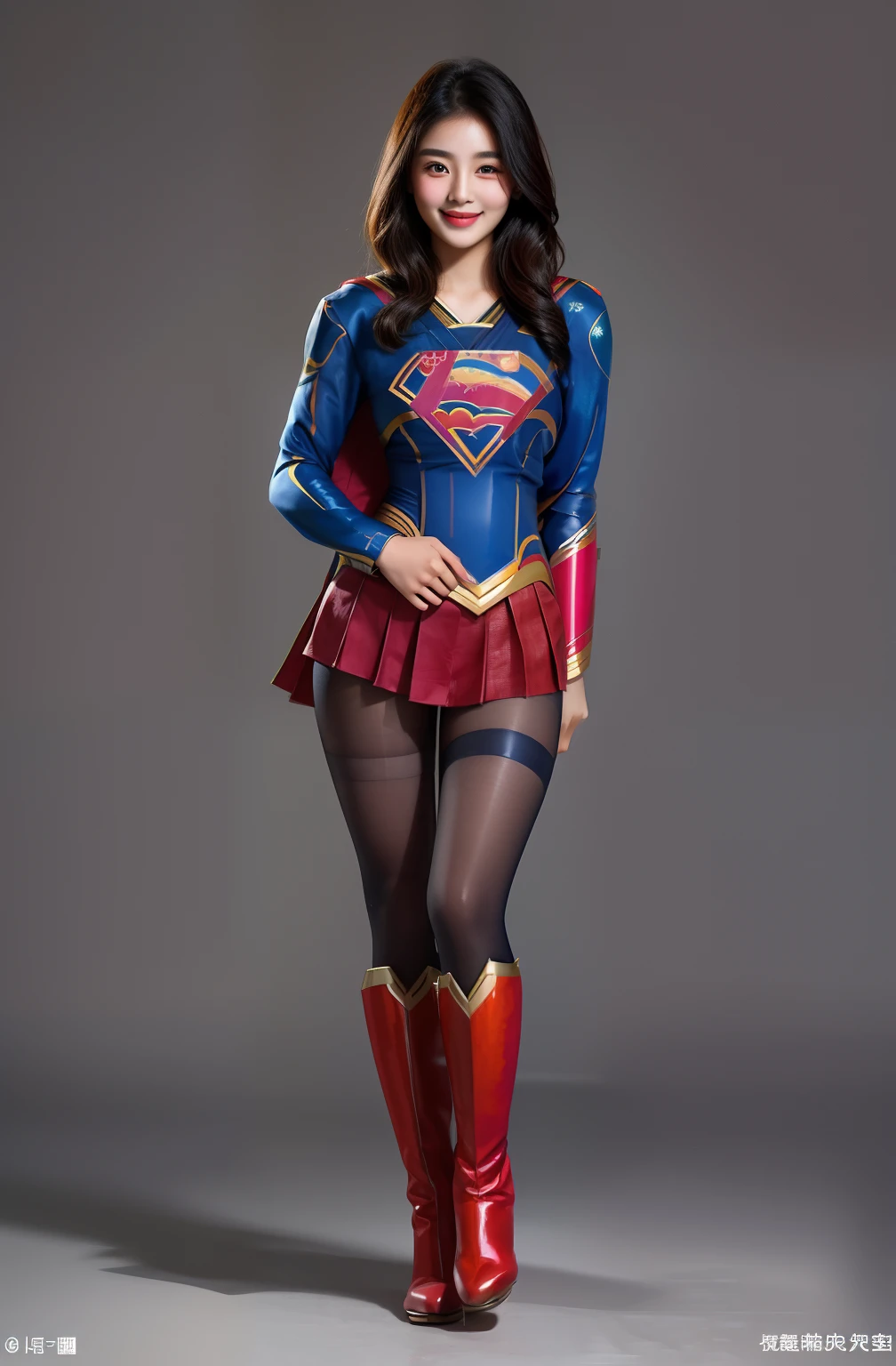(((Make the most of the original image)))、(((Supergirl Costume)))、(((lustrous dark hair)))、(((Suffering)))、(((Feet must necessarily be worn with black tights)))、(((You need to wear red boots)))、((Top image quality、8K))、((top-quality、8K、​masterpiece:1.3))、Crisp focus:1.2、Beautiful woman with perfect body shape:1.4、Slender Abs:1.2、((layers-Cut、large boob:1.2))、a wet body:1.5、Highly detailed facial and skin texture、