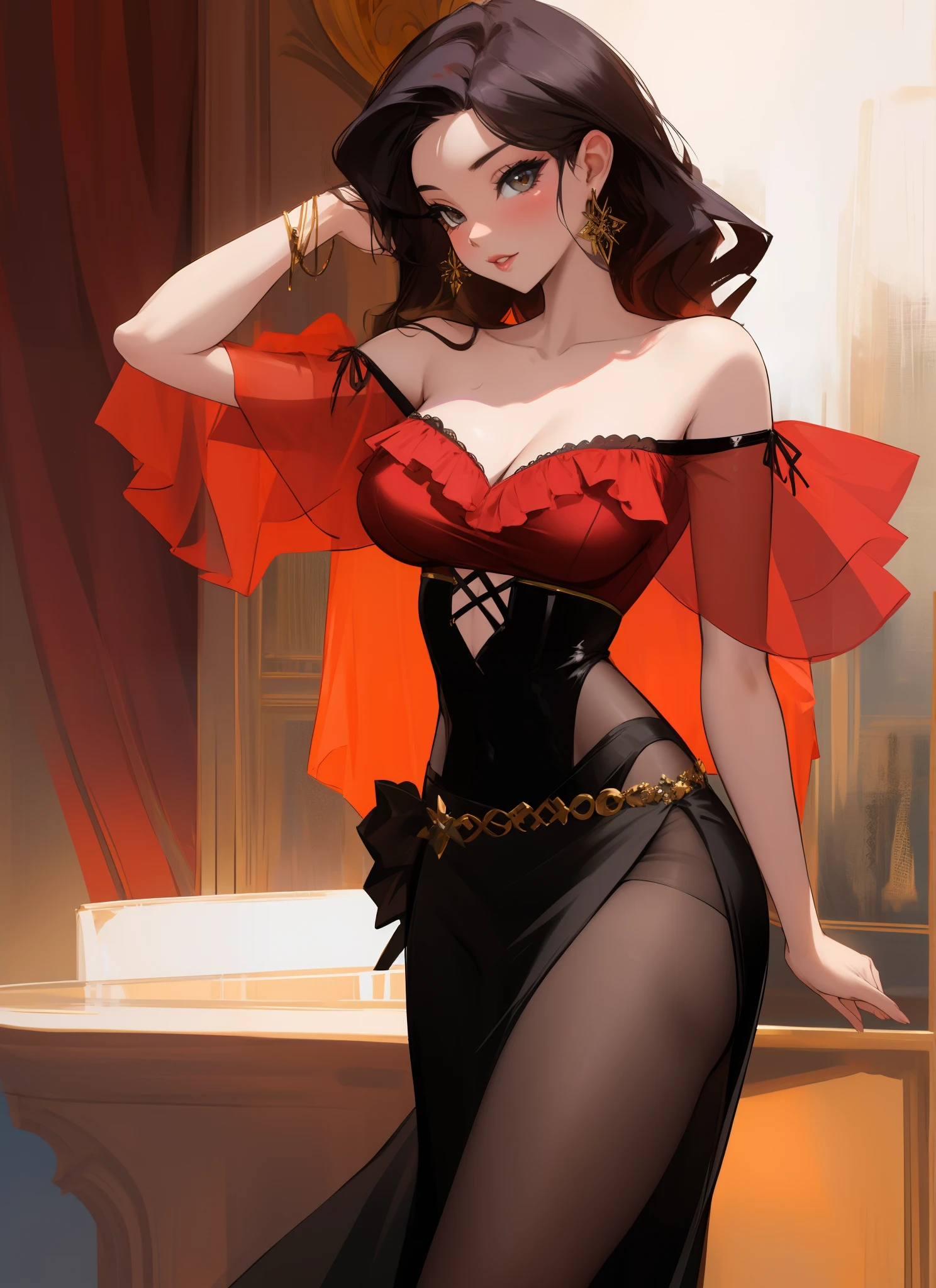 score_9, score_8_up, score_7_up, score_6_up, score_5_up, score_4_up, BREAK 1girl, Mexican female, red dress, cleavage, red hat, Mexican aesthetic clothing, traditional artesanía background.