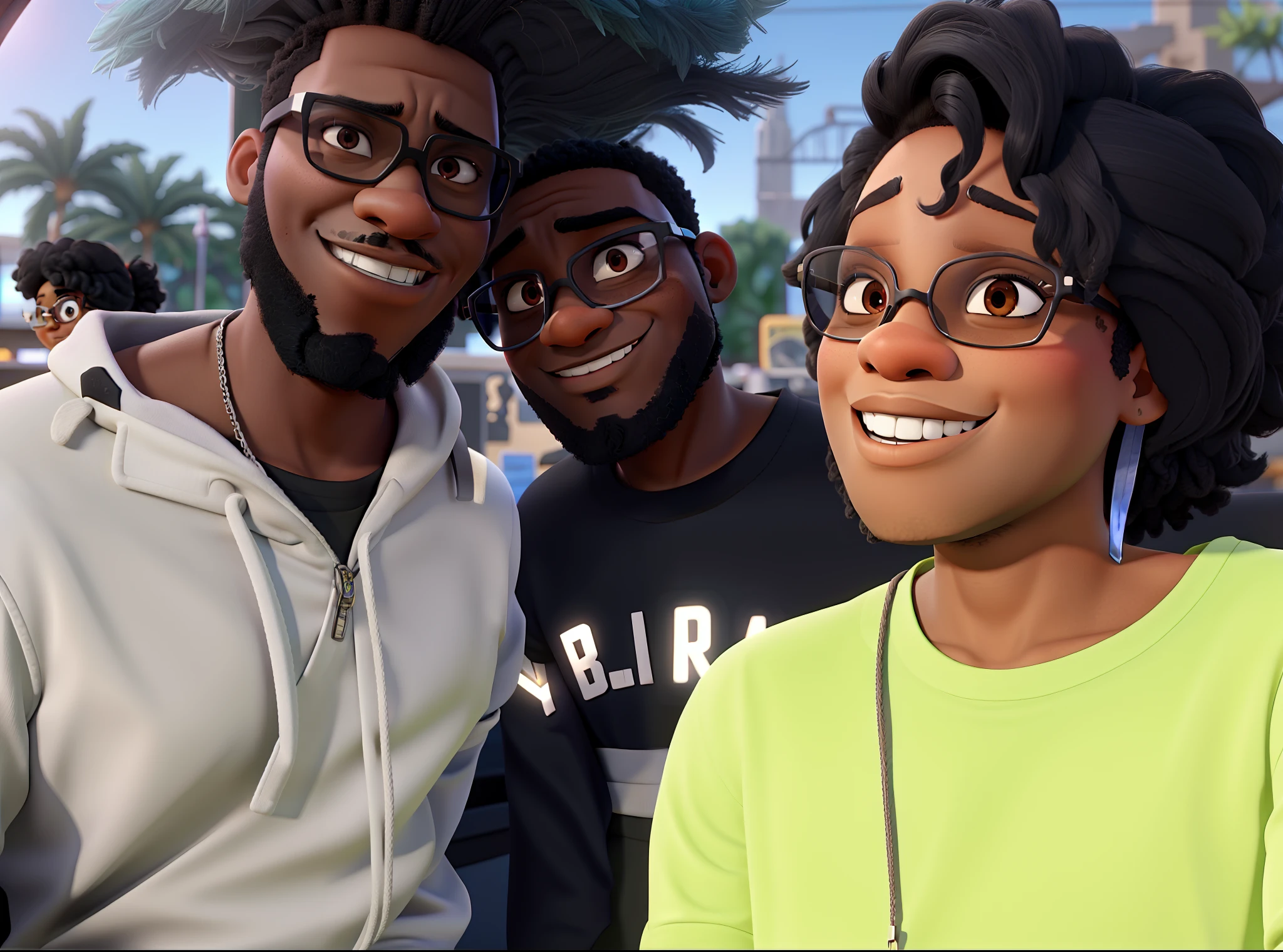 A black man in sunglasses, a black man with glasses and a black woman in a lighted place Disney pixar style