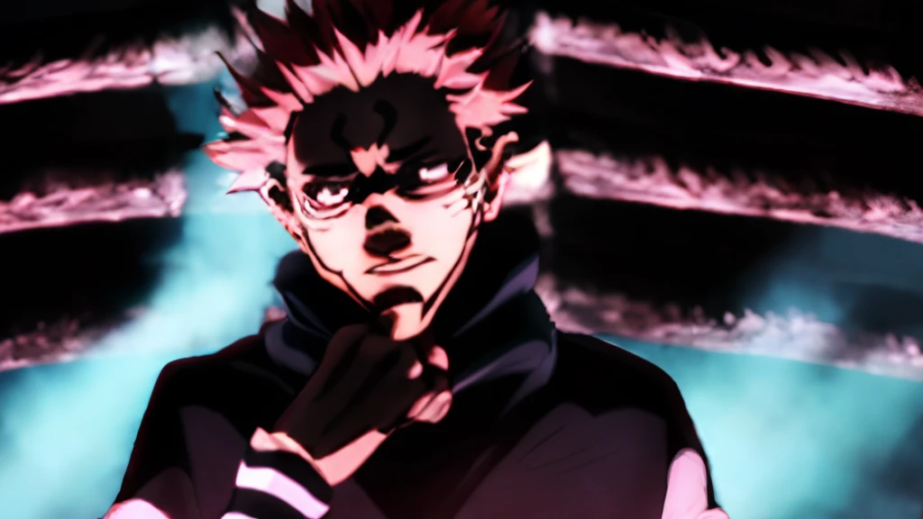 anime character with a black and white striped shirt and a red hair, jujutsu kaisen, roguish smirk, in the anime film, as an anime character holding a microphone