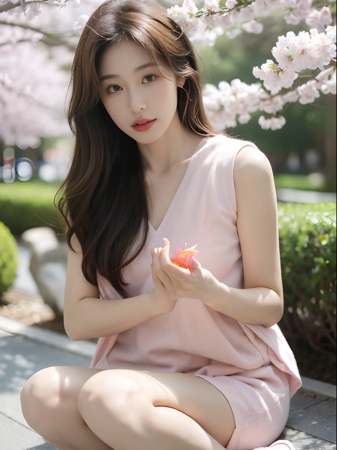 (8K, RAW photo, Best quality, Masterpiece:1.2), (Realistic, photo-realistic:1.5), Natural light, solofocus, Girl, Beautiful girl, Long hair, Brown hair, Brown eyes, Super delicate beautiful face, looking at viewert, Photorealsitic, (cleanness) pink vest, Sitting, (Background, Japan scenery, sakura, sakura petal, En plein air)