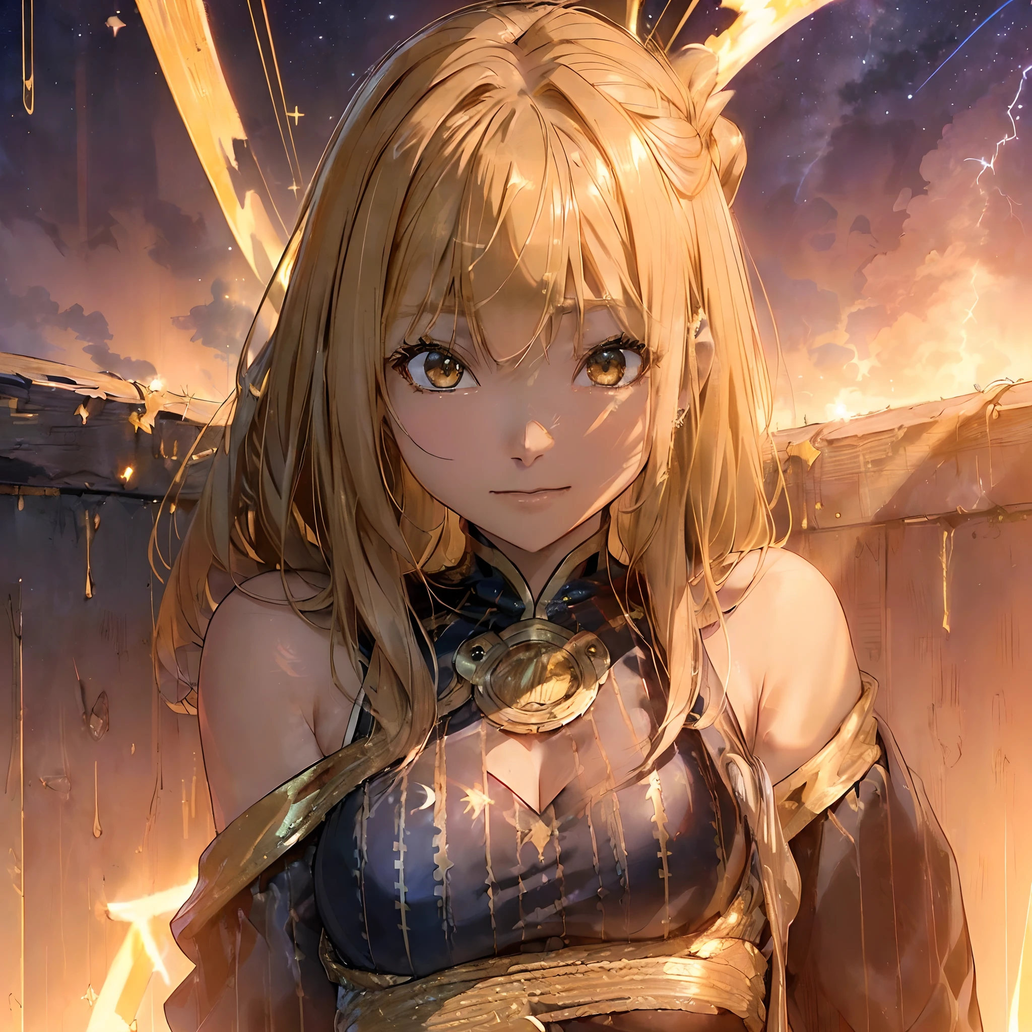 top-quality、Top image quality、masterpiece、girl with((18year old、Best Bust、big bast、Bust 85,beautiful golden eyes、Breasts wide open,Blonde long hair、A slender、Large valleys、Black and gold dress、Goldcloak,Reflecting the whole body、Open your arms、Gold ring on wrist、Shoot lightning from your hands、posterior view、Turn around))hiquality、Beautiful Art、Background with((nigh sky、black clouds、lightning bolt、Intense thunder、Thunderbolt、Red thunder、Blue lightning strike、Gold Thunder)))masutepiece、visualart、depth of fields、sky at night