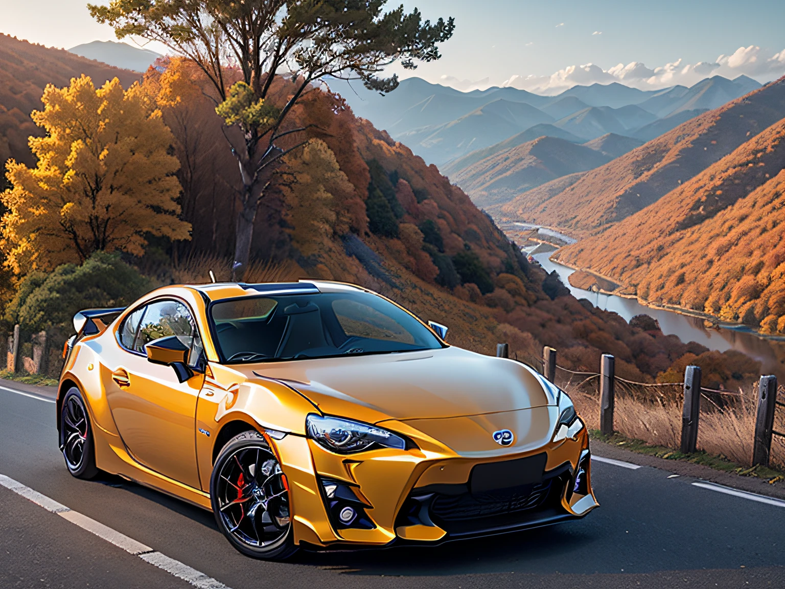 超A high resolution、An ultra-high picture quality、8K、Detailed details、marvelous expression、Late autumn valley、Beautiful autumn leaves、One car travels along a mountain road built along the mountain、((Blue Toyota 86 2023))