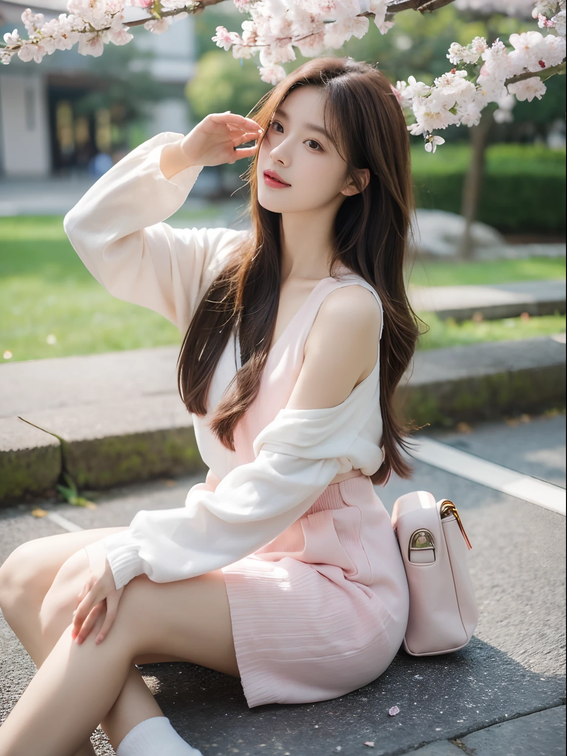 (8K, RAW photo, Best quality, Masterpiece:1.2), (Realistic, photo-realistic:1.5), Natural light, solofocus, Girl, Beautiful girl, Long hair, Brown hair, Brown eyes, Super delicate beautiful face, looking at viewert, Photorealsitic, (cleanness) pink vest, Sitting, (Background, Japan scenery, sakura, sakura petal, En plein air)