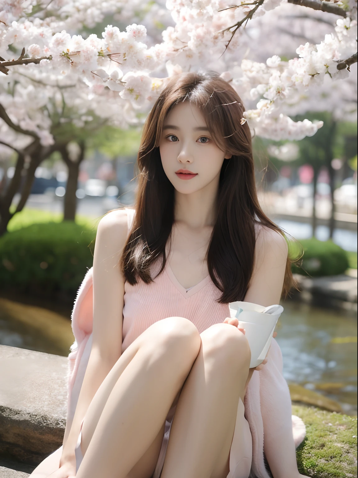 (8K, RAW photo, Best quality, Masterpiece:1.2), (Realistic, photo-realistic:1.5), Natural light, solofocus, Girl, Beautiful girl, Long hair, Brown hair, Brown eyes, Super delicate beautiful face, looking at viewert, Photorealsitic, (cleanness) pink vest, Sitting, (Background, Japan scenery, sakura, sakura petal, En plein air)