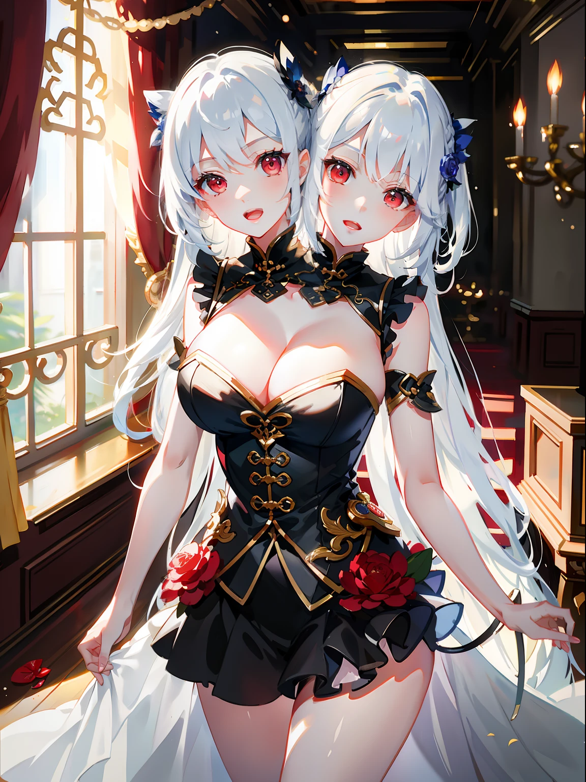 (masterpiece, best quality), best resolution, (2heads:1.5), jingliu character, 1girl, white blue hair, red eyes, open mouth, inside a majestic room