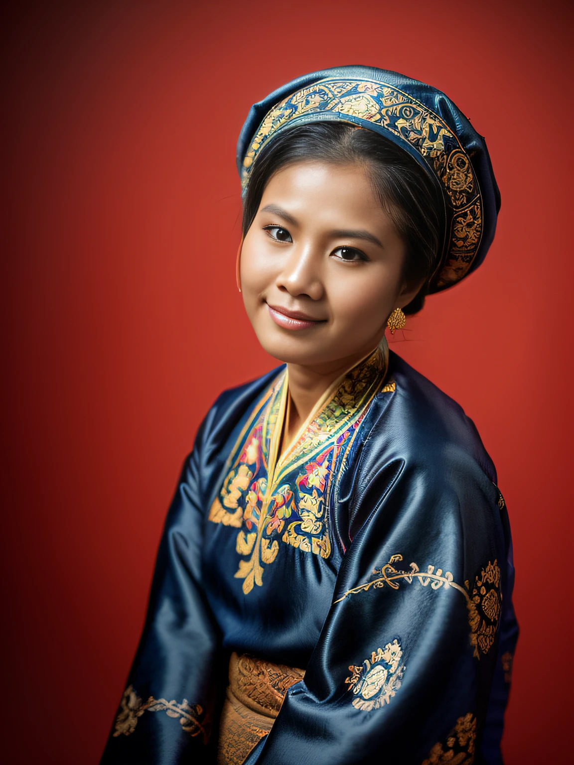 Highly realistic photo, Portrait photo of a 30-year-old Vietnamese woman, (Vietnamese Hmong national costume, brocade head scarf),(high bun hair),((dark blue background)), photo taken in 1975 by kodak.