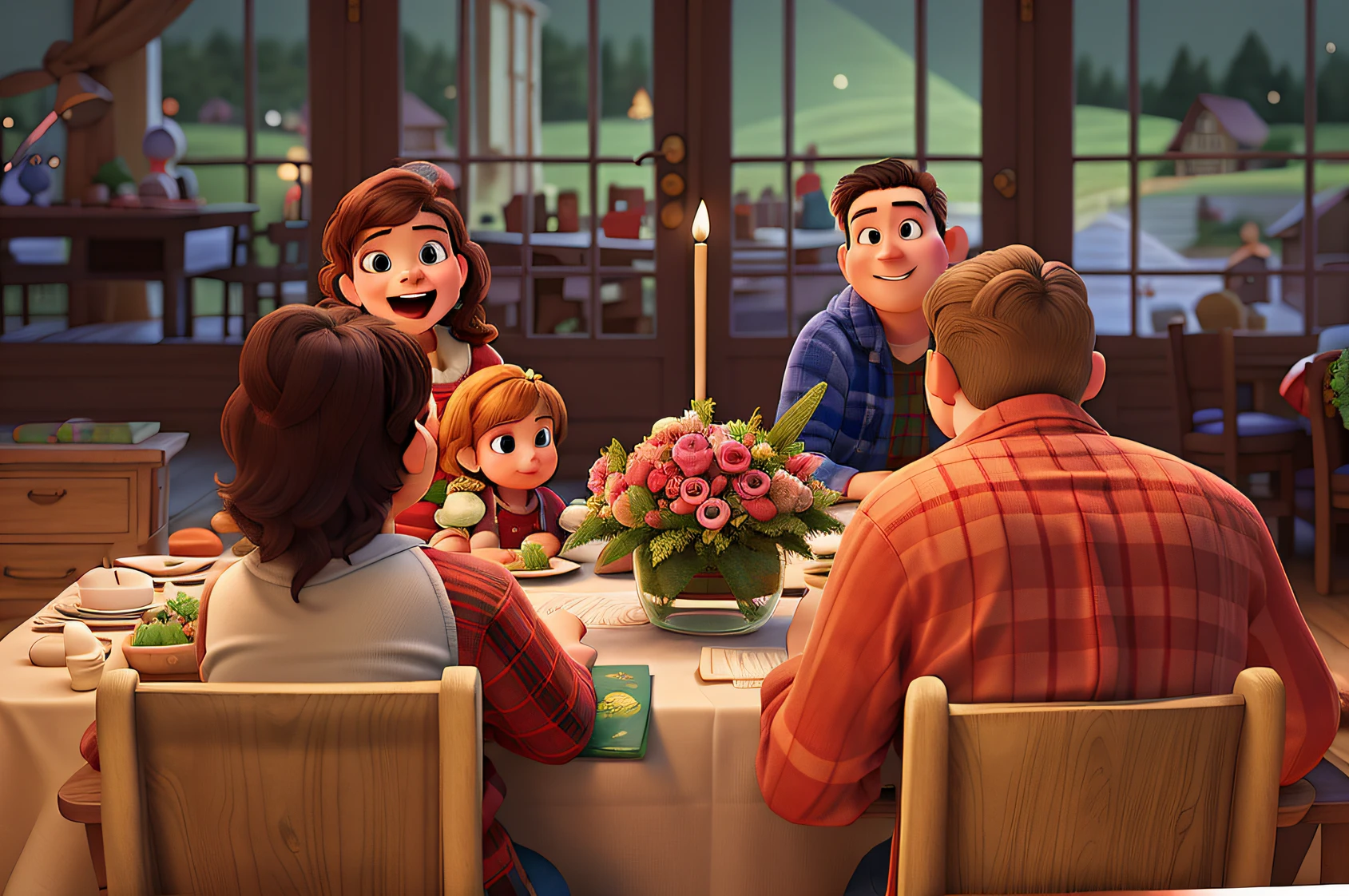 Pixar style drawing. Family enjoying a magical Christmas at a farm hotel.