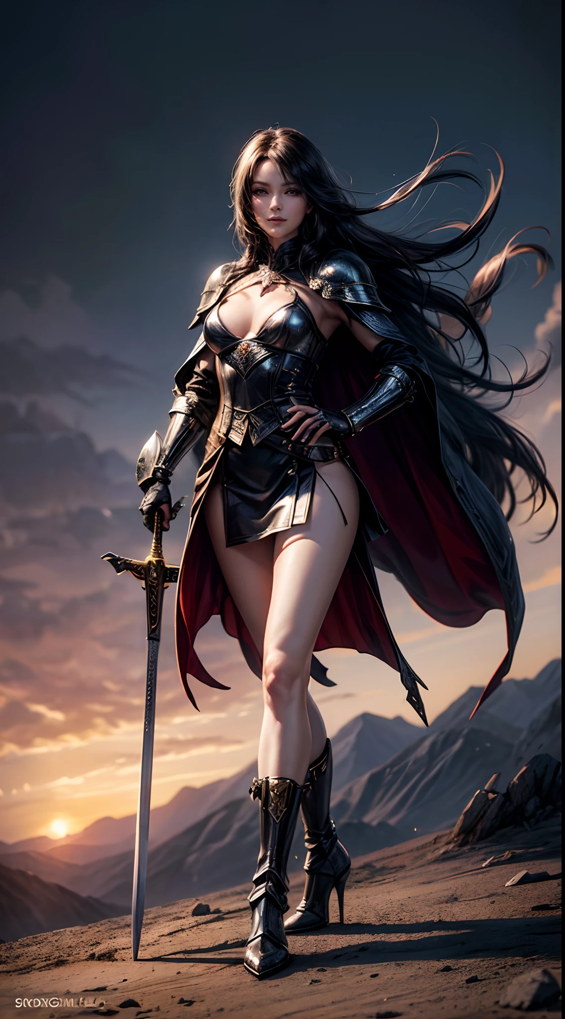 beautiful women, 30yr old,Solo,Russian,Black Armor,high heels boots,Full body portrait,Female Warrior,Slender body,holding swords,robe,smile,Manteau,Perfect face and nice perfect face, Surreal concept, 8K resolution, photographic quality, fighting pose, ruins, Photorealistic,A detailed eye,