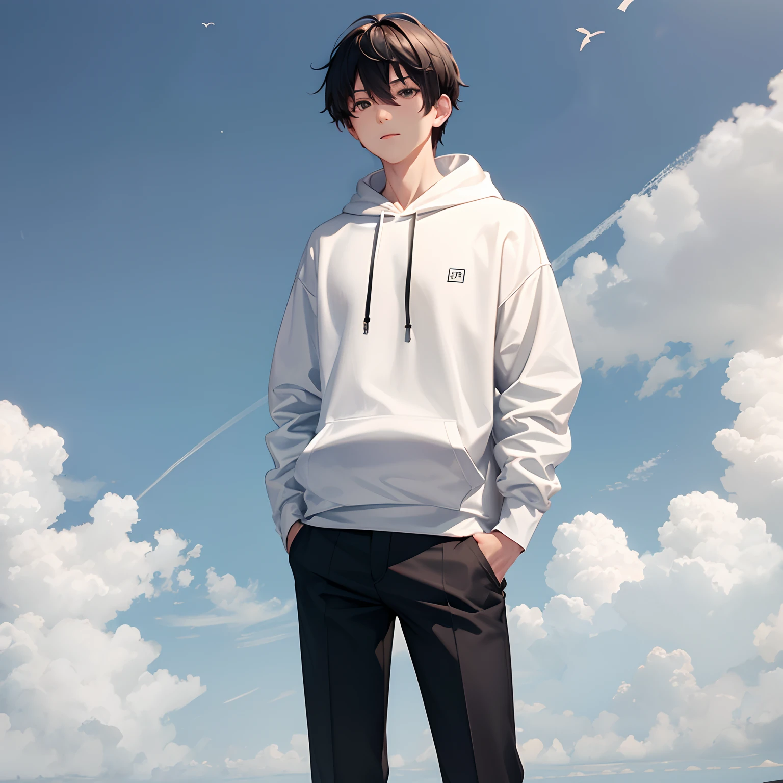 White shirt male tone, , Hand-drawn illustration style only,, in a hoodie, A young man, S, 、Black hair、high-level image quality、1 persons、8K picture quality