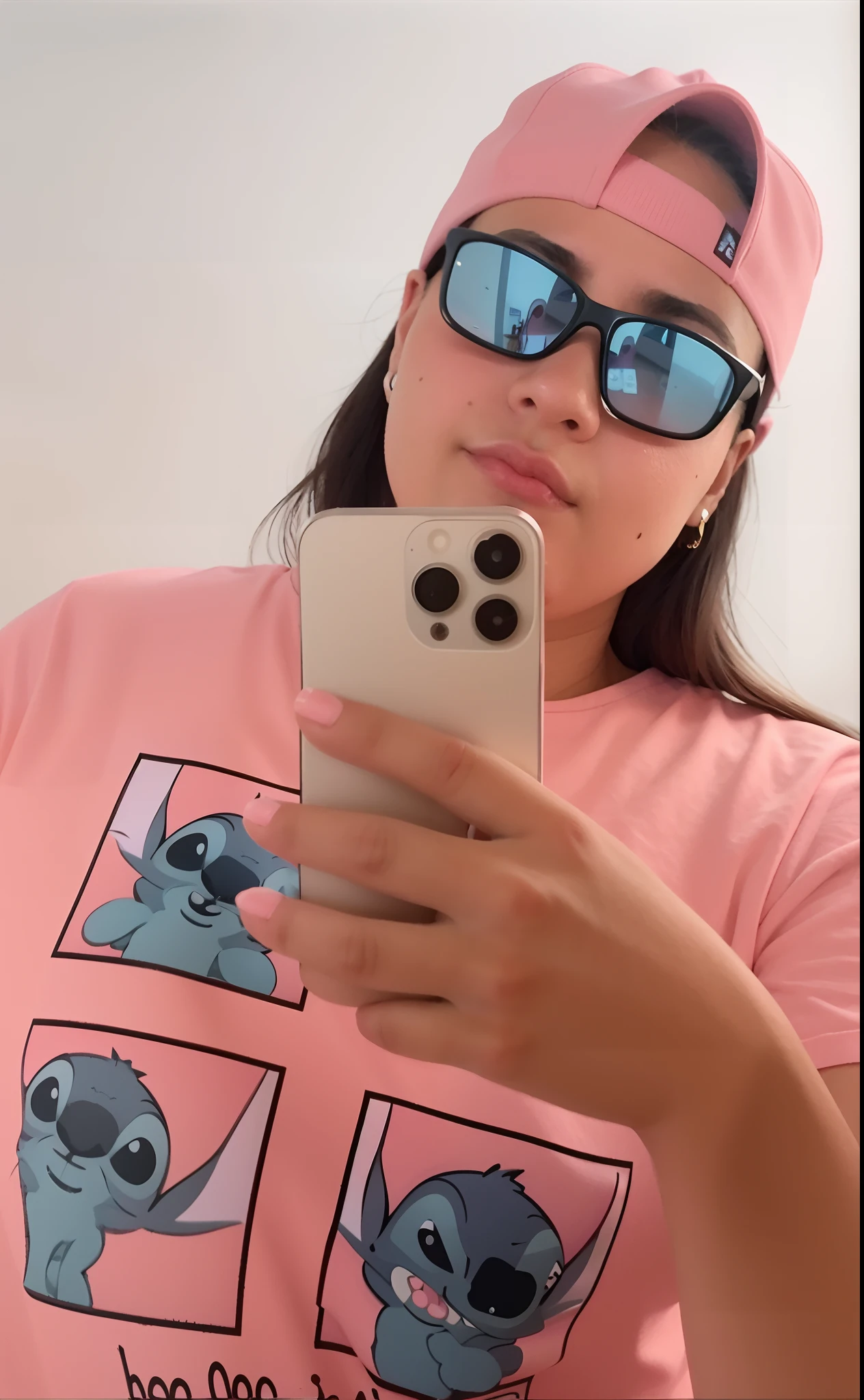 Woman wearing a pink shirt and sunglasses taking a selfie, vestindo um pescador 🧥, imagem de qualidade muito baixa, foto de perfil, reflexo do telefone na viseira, y2k aesthetic, y 2 k aesthetic, lofi girl aesthetic, foto de baixa qualidade, an aesthetic!, thicc, Reflexo do iPhone na viseira