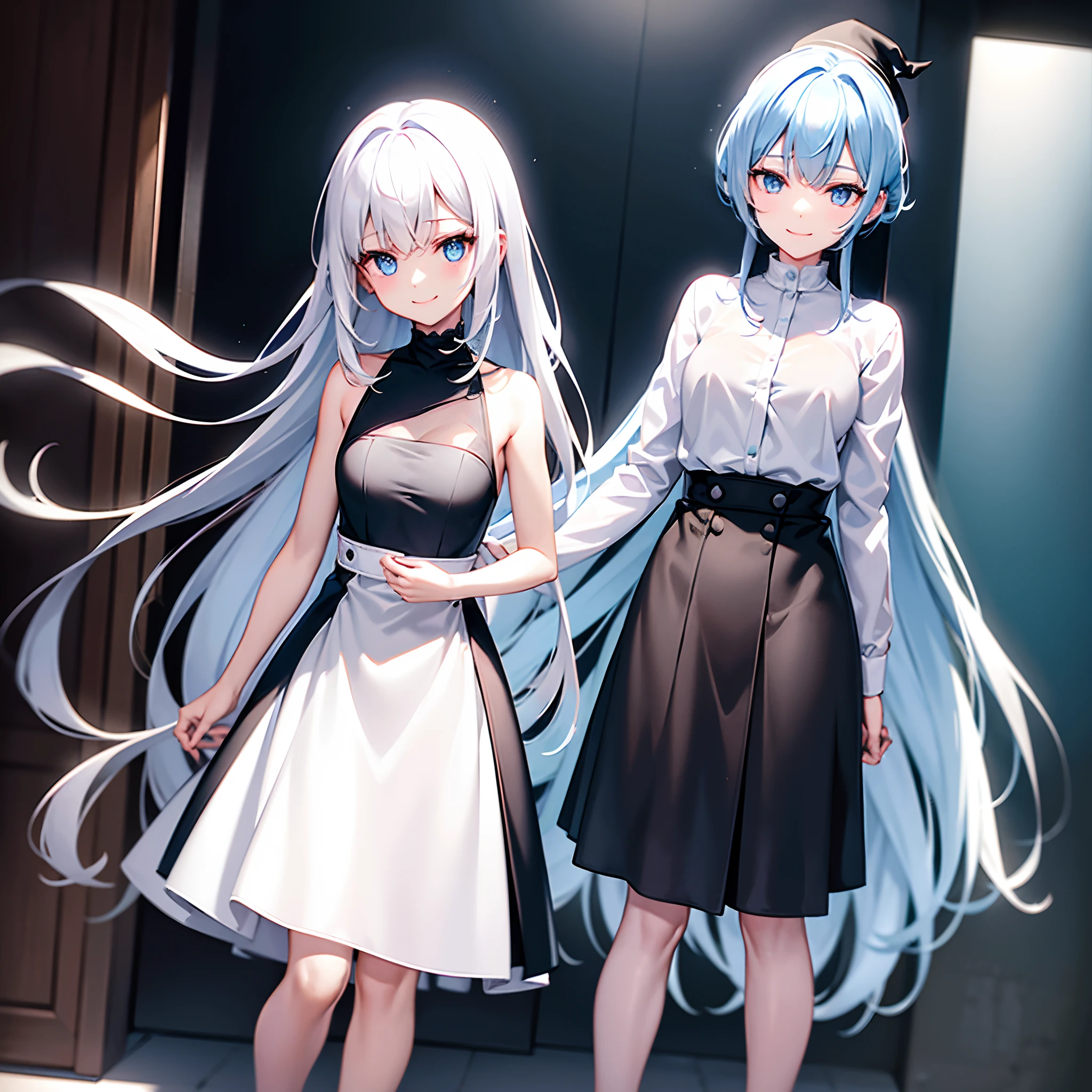 A city based on a beautiful and fantastic white color that is submerged、He wears a large black witch hat with sapphire accessories、White medium shorthair with blue-purple mesh、Looking at me with a smile、Blue eyes with a little hook and highlights、27-year-old woman with small breasts、Black long coat、White inner camisole、white t-shirt、Black Midi Skirt、Black sneakers with white shoelaces、small tits、Small、discreet breasts、hiquality、High Details、high-level image quality、4K picture quality、Delicate painting