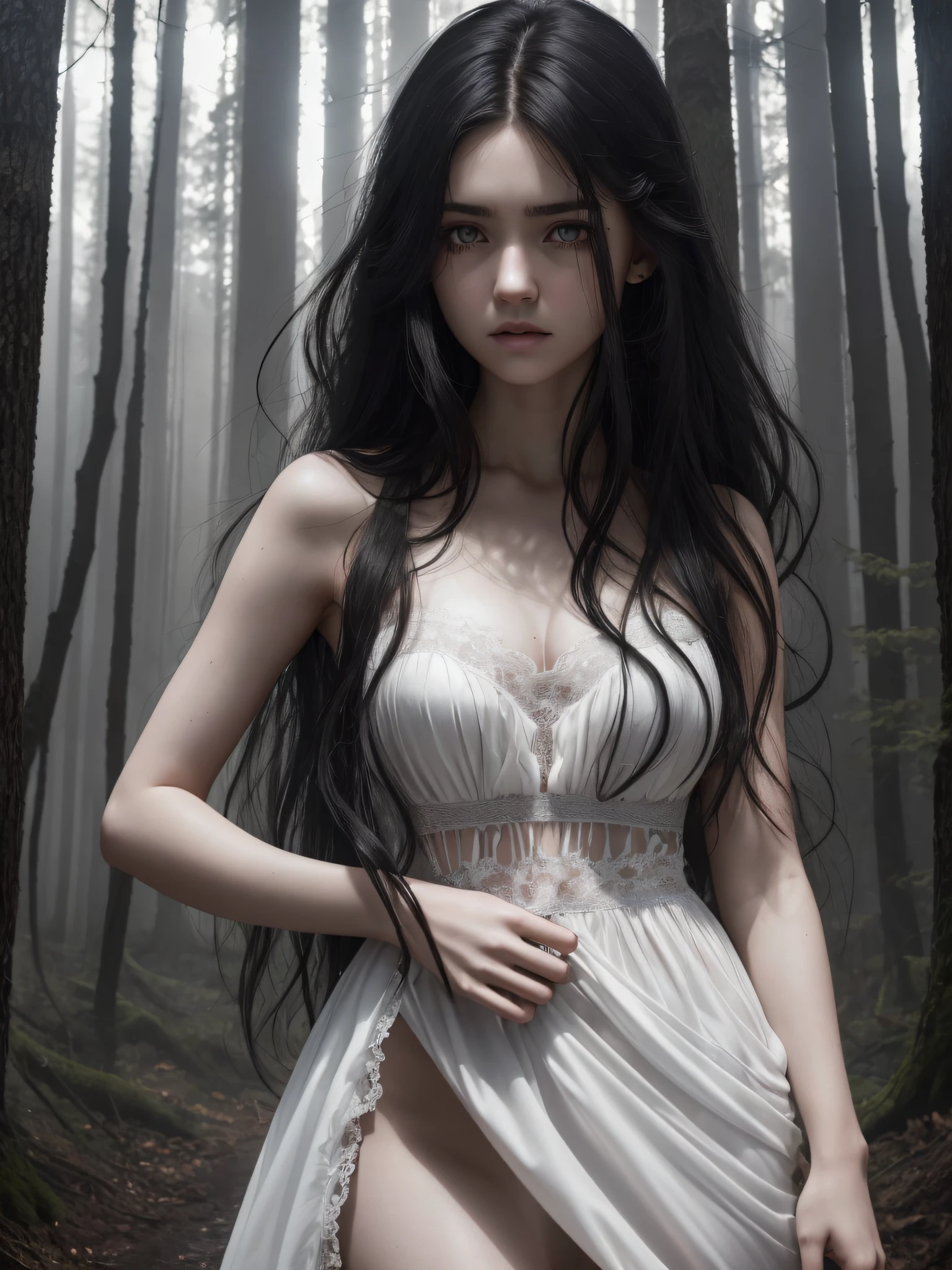 ung women, long messy hair, her hair are black, sad face expression, grey eyes, high res, high quality, 8k, wearing a torn white dress, her dress is torn, she has a pale skin, dark fantasty, forest background