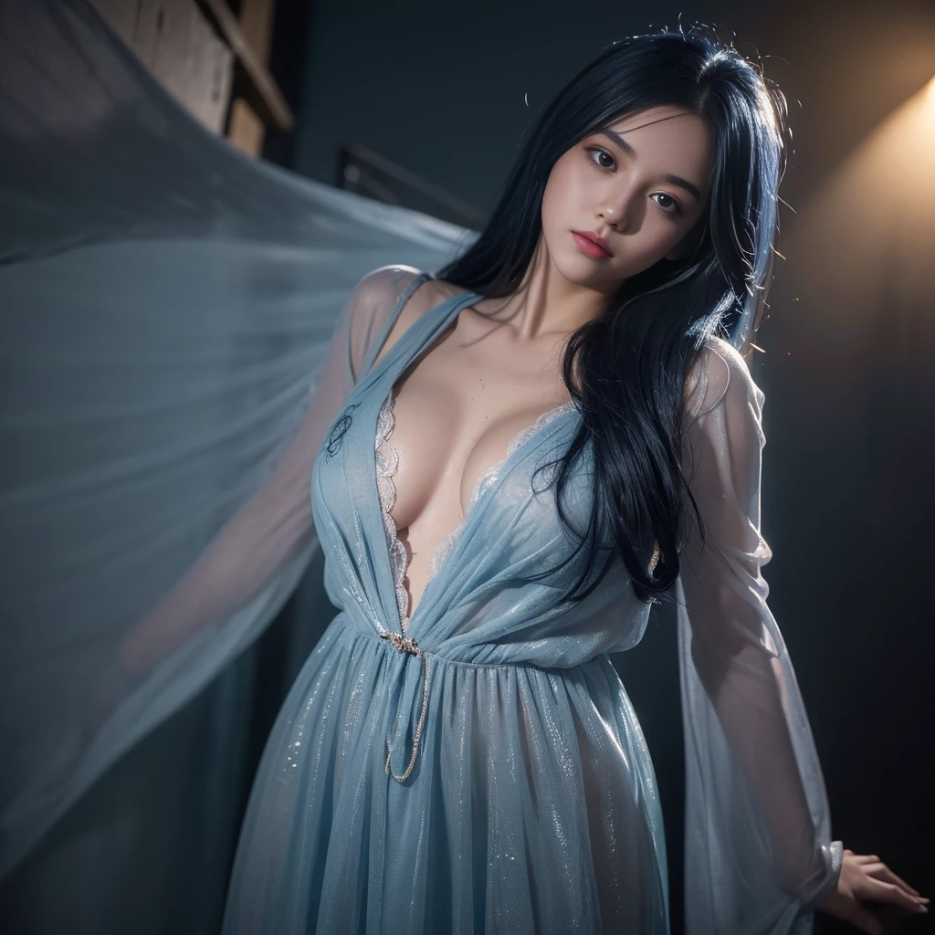 (Masterpiece:1.4), (Best quality:1.4), Extremely detailed, Intricate, ultra - detailed, illustration,Soft lighting, scenic, 1girll, disgust, Navy blue hair, Colorful, a color, From_above ,Blood Ghost Costume , Show sheer clothes,It's all soaked,Thunderstorm weather,Leakage of genitals and breasts