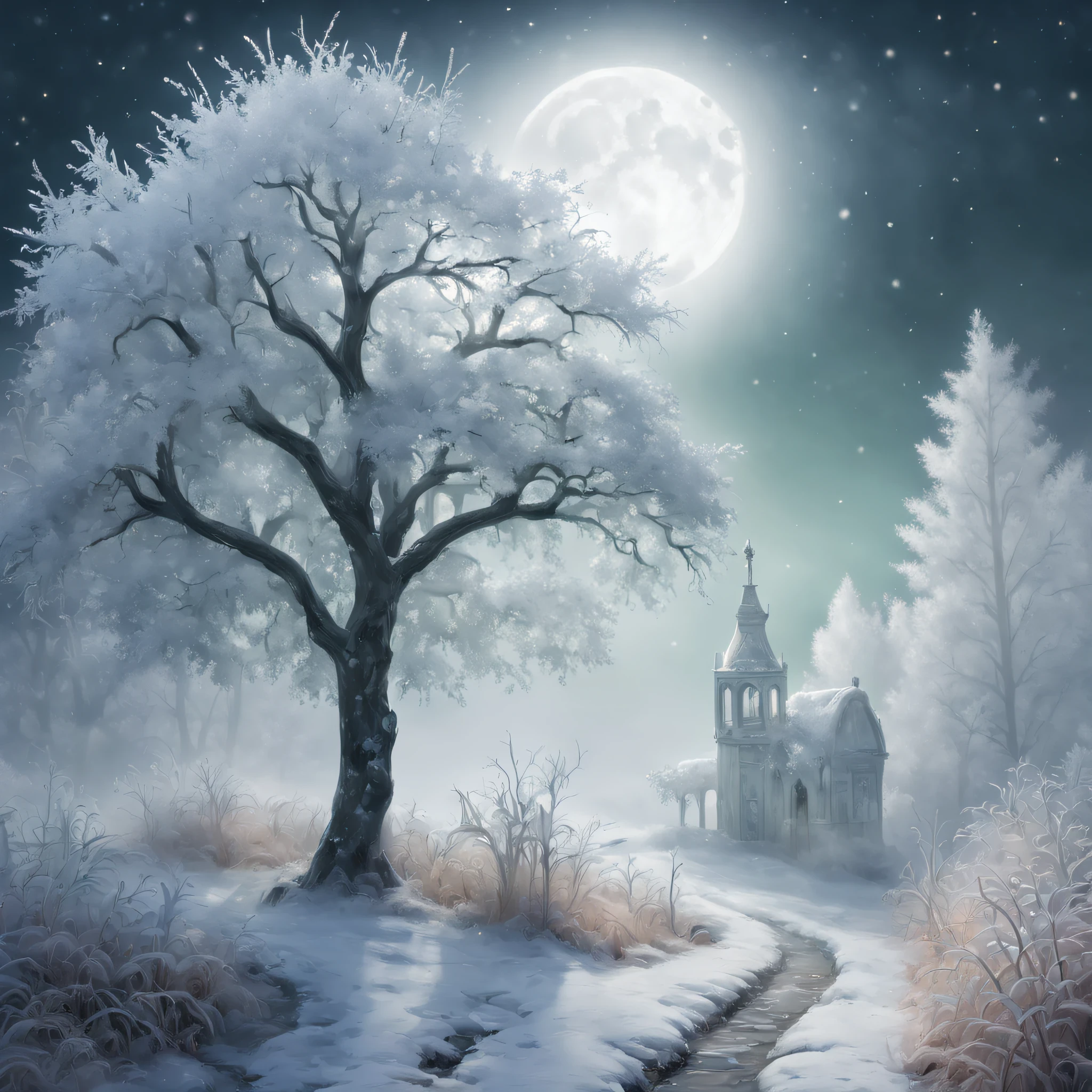 W00len, (Best quality, Masterpiece) ,The beautiful scenery of the rime is a mysterious and silent scene.In this world, The earth was shrouded in a thin layer of mist, It was as if a layer of gauze was wrapped in the ground.From a distance, green trees, Buildings and grass are covered with white mist, In this rime, The trees were wrapped in frost, Tiny ice crystals shimmer on every leaf and branch, Shining with a faint light.Under the moonlight, The whole world seems to be shrouded in a mysterious screen, Exudes an attractive sheen.Beautiful soft snow rime between these icy woods, Glowing, Ethereal, Night sky, (Clear glass bottle: 1.5), Reflection, glistening stars, Soft rime landscape, magical scene, Beautiful colors, Pastel tones, Warm golden glow, and a peaceful atmosphere. The whole scene is rendered by the fog into a mysterious and gorgeous picture, Every detail is full of magic and mystery.In this world, Time seems to have stood still, Everything is immersed in a fantastic atmosphere.